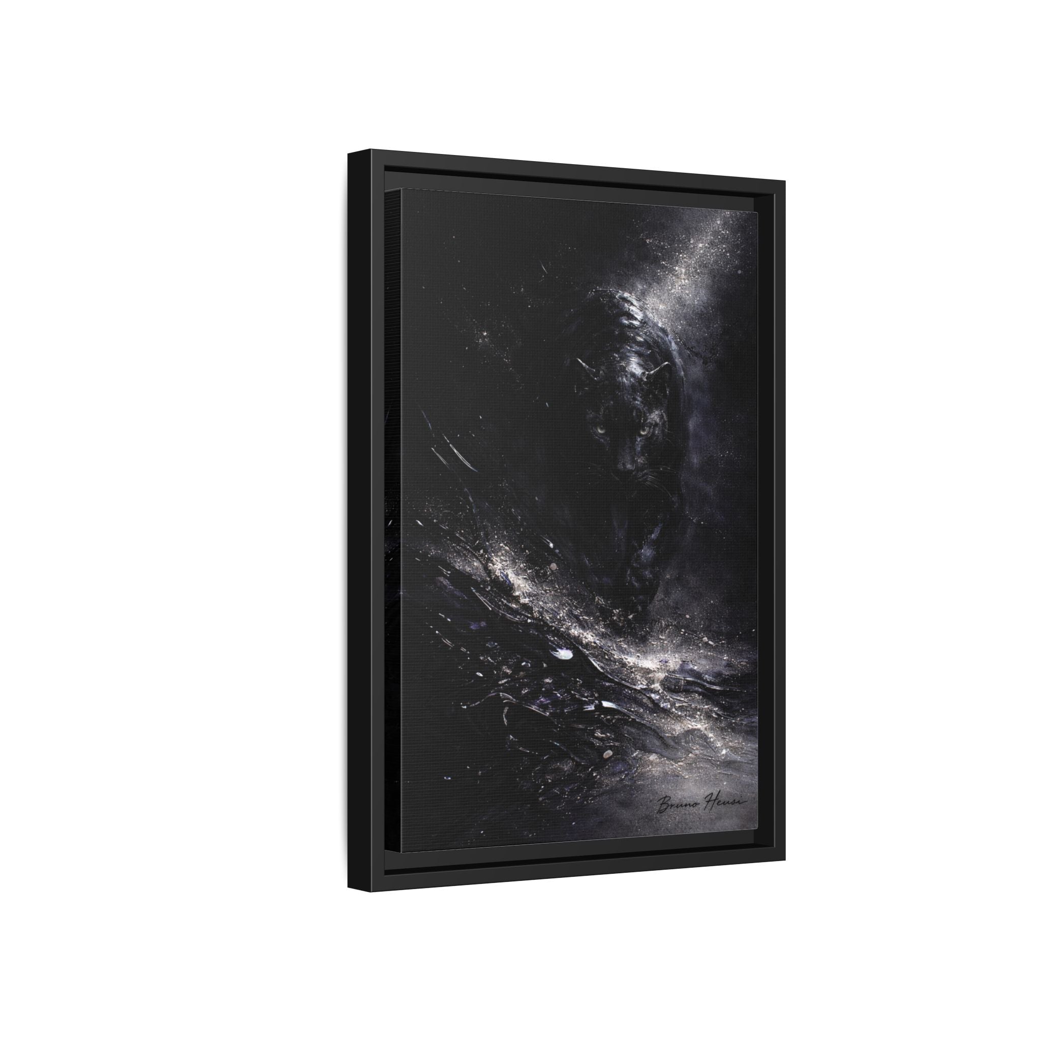 Cosmic Black Panther Matte Framed Canvas – Dark Abstract Wildlife Wall Art