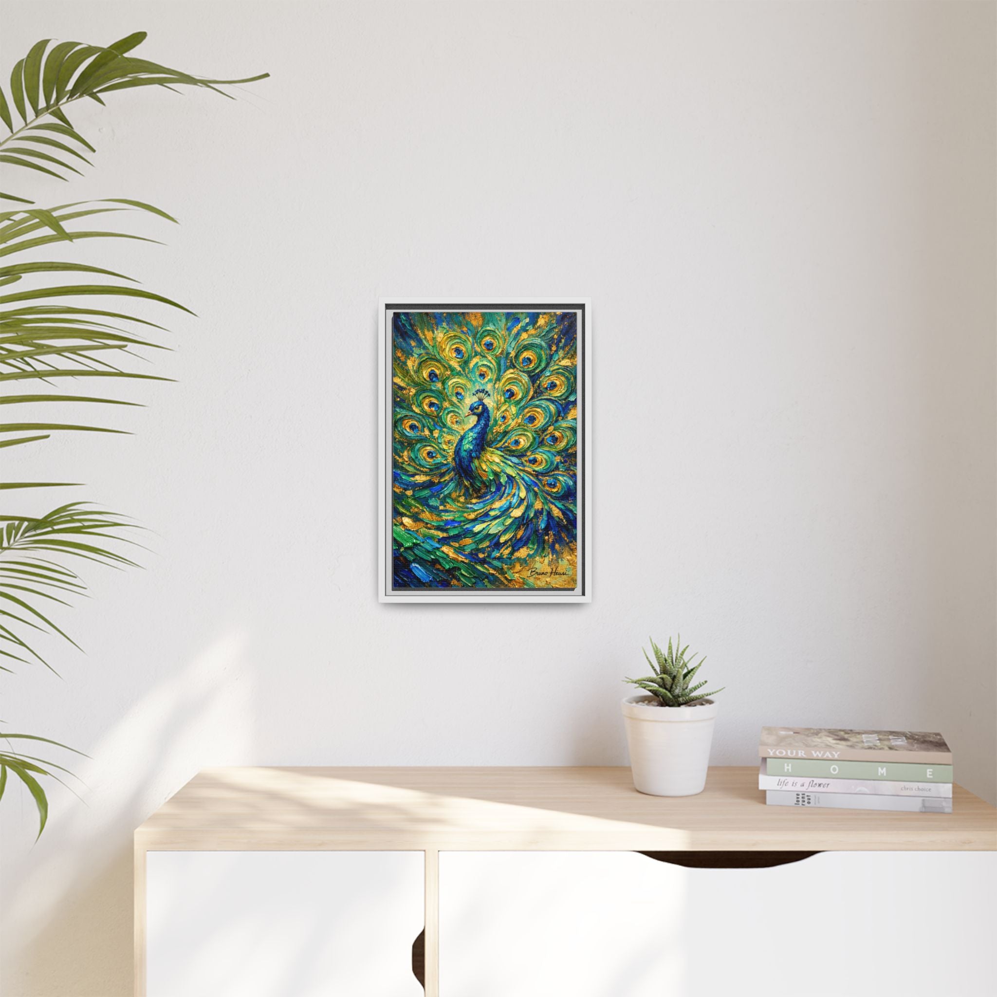 Peacock Oil-Style Framed Canvas Wall Art — Vibrant Blue & Gold Peacock Painting