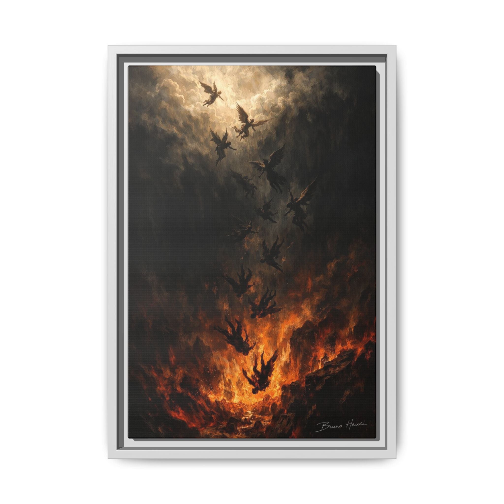 Falling Angels Matte Framed Canvas Print — Dark Fantasy Wall Art