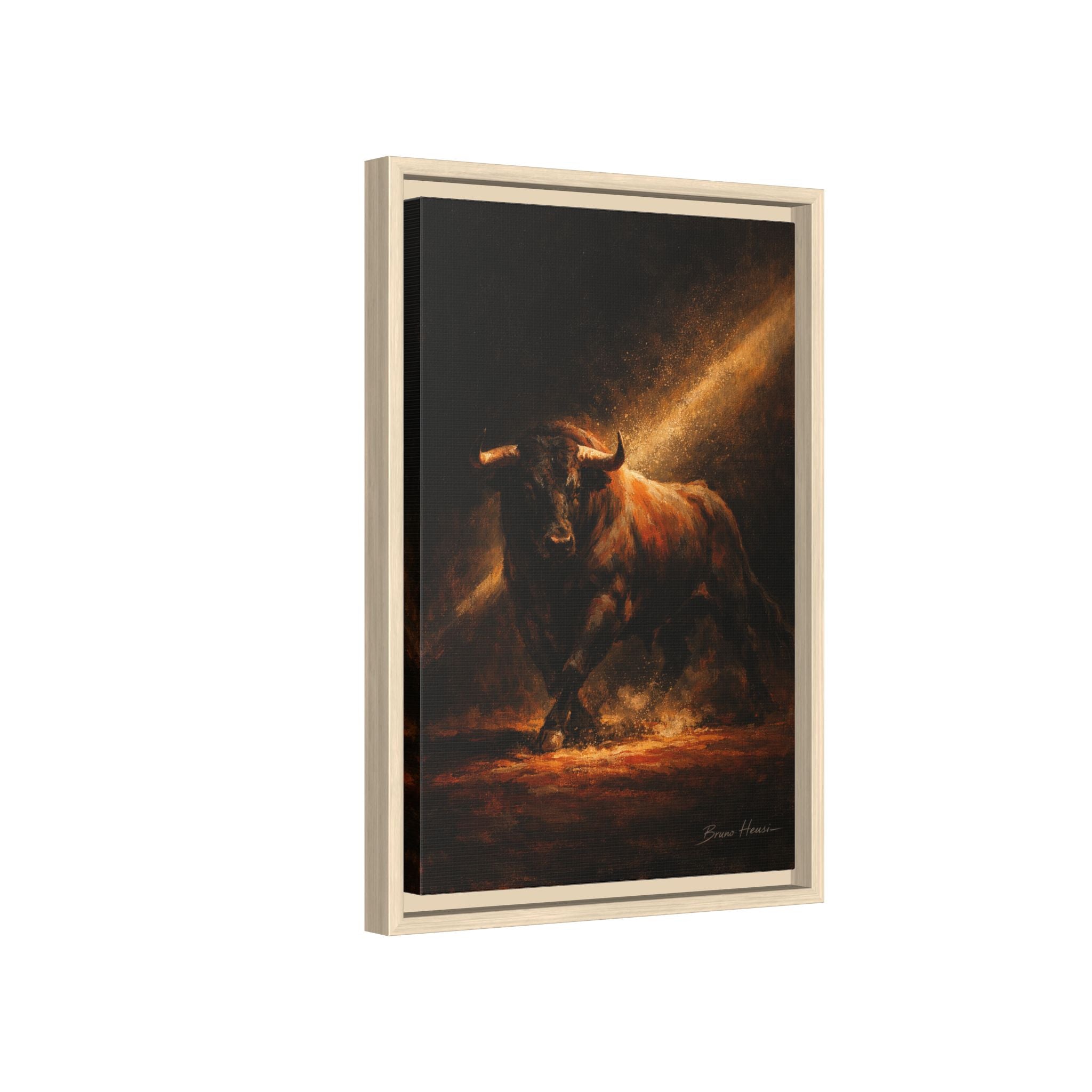 Framed Matte Canvas Art - Dramatic Charging Bull Painting