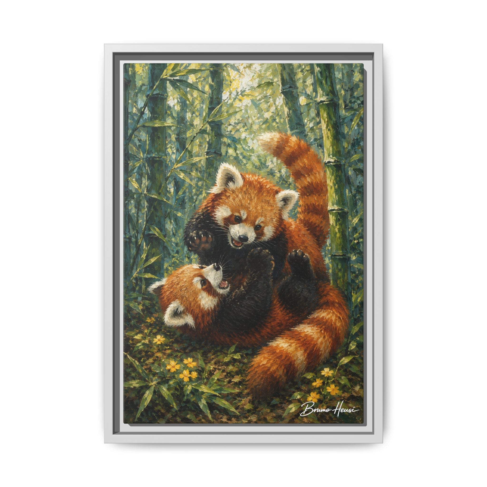 Red Panda Playtime Framed Canvas Wall Art — Playful Wildlife Print
