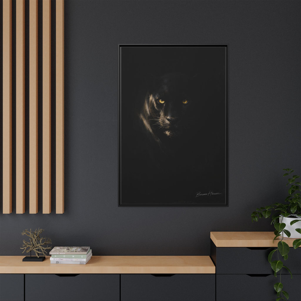 Framed Matte Canvas - Black Panther Wall Art with Golden Eyes