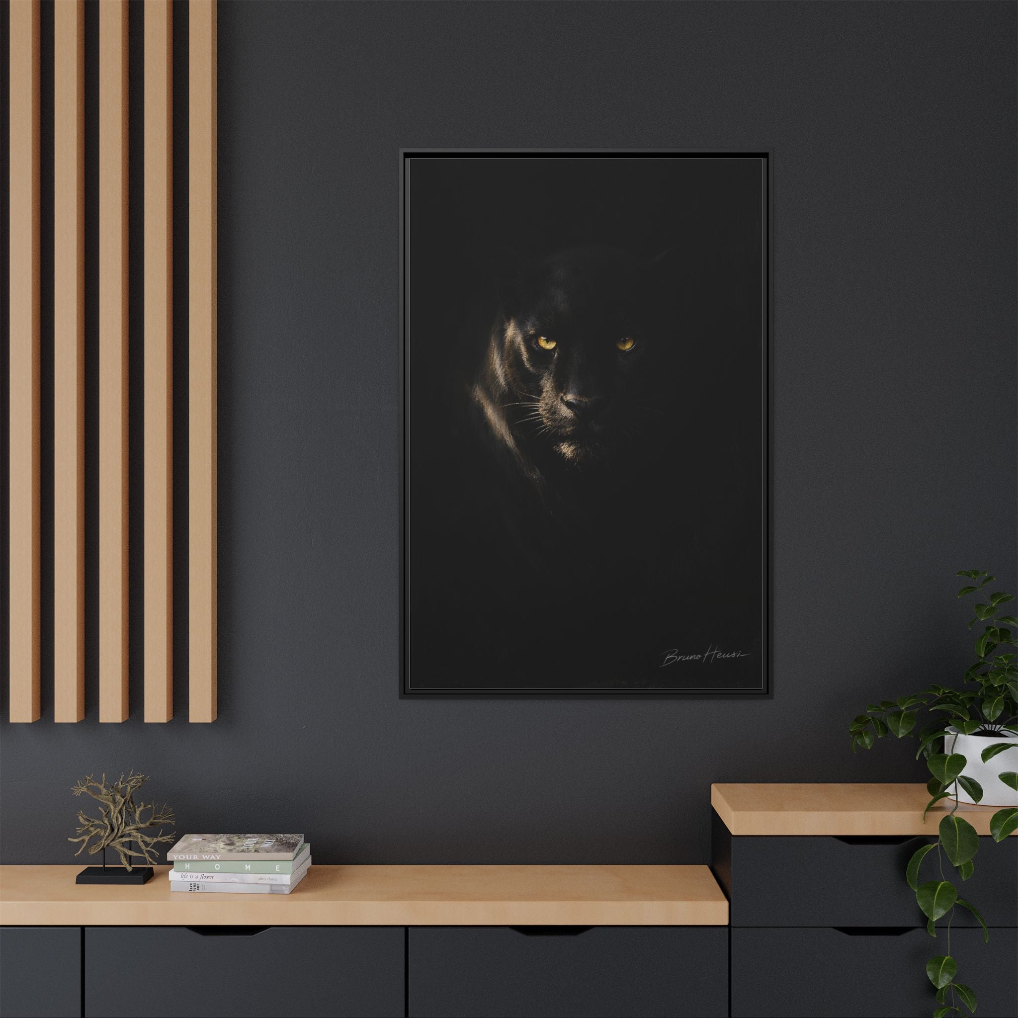 Framed Matte Canvas - Black Panther Wall Art with Golden Eyes