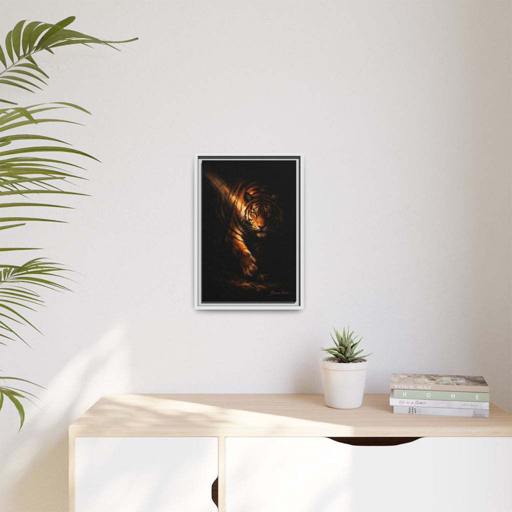 Tiger in the Shadows Matte Framed Canvas Print — Dramatic Wildlife Wall Art