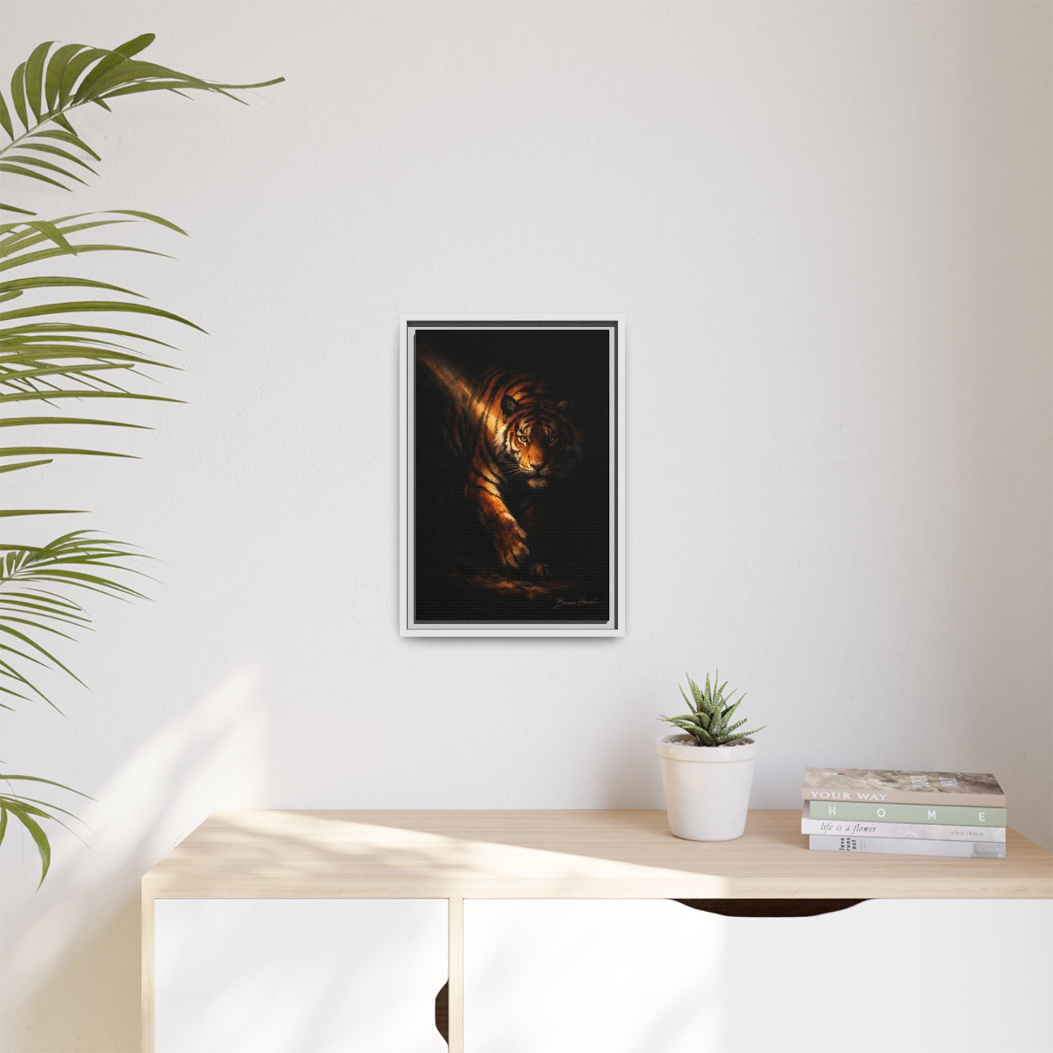 Tiger in the Shadows Matte Framed Canvas Print — Dramatic Wildlife Wall Art