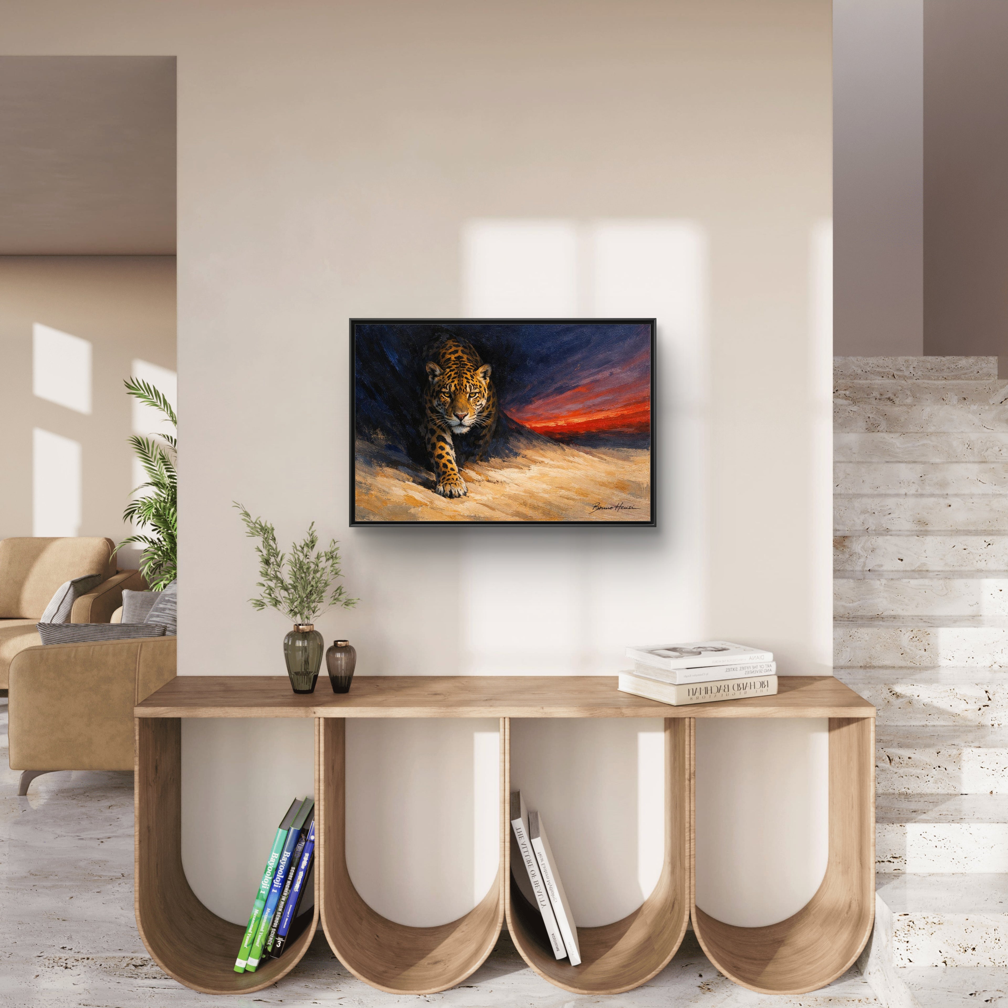 Framed Jaguar Canvas Art – Majestic Big Cat Painting with Sunset Sky