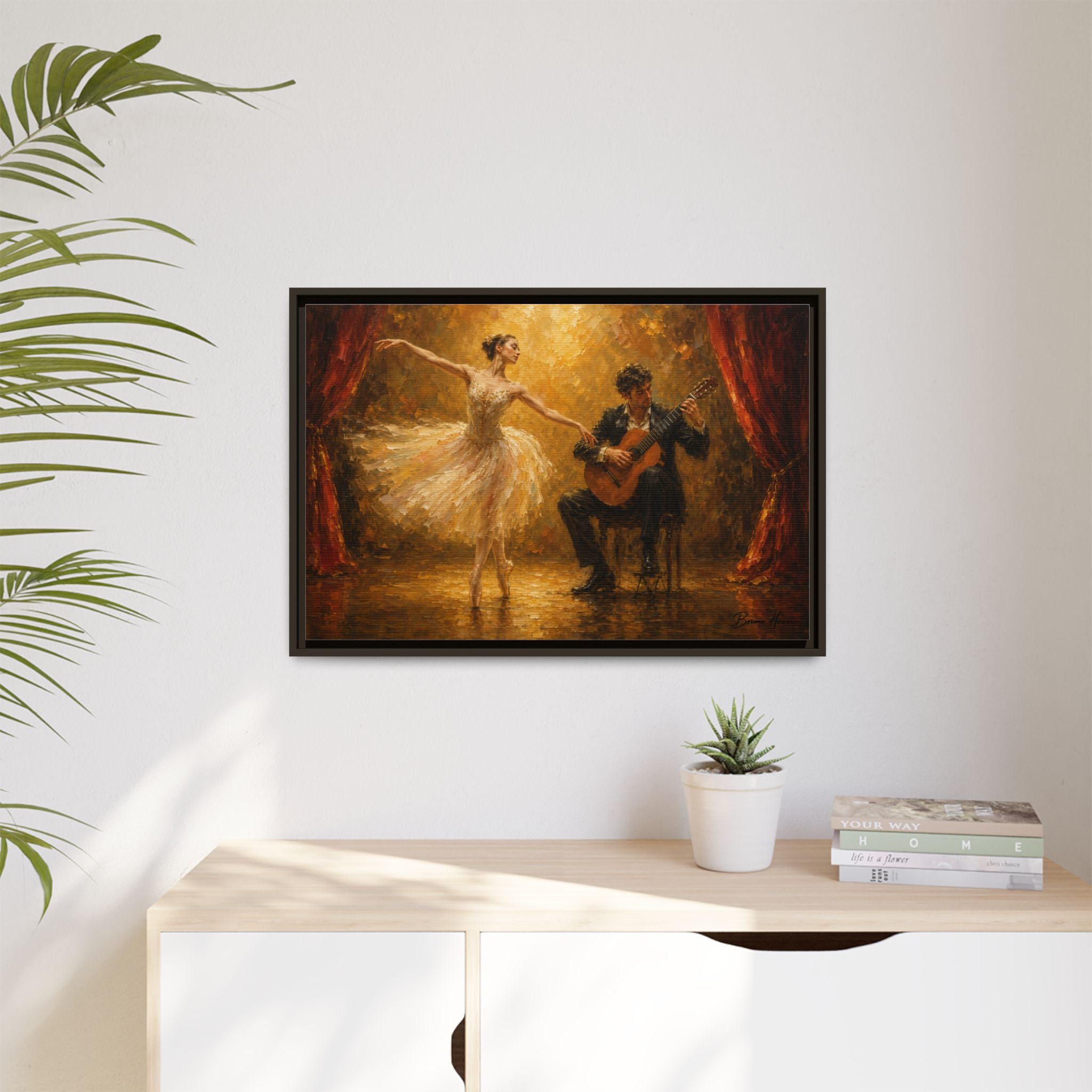 Ballet Dancer & Guitarist Framed Canvas Wall Art — Oil-Style Performance Print