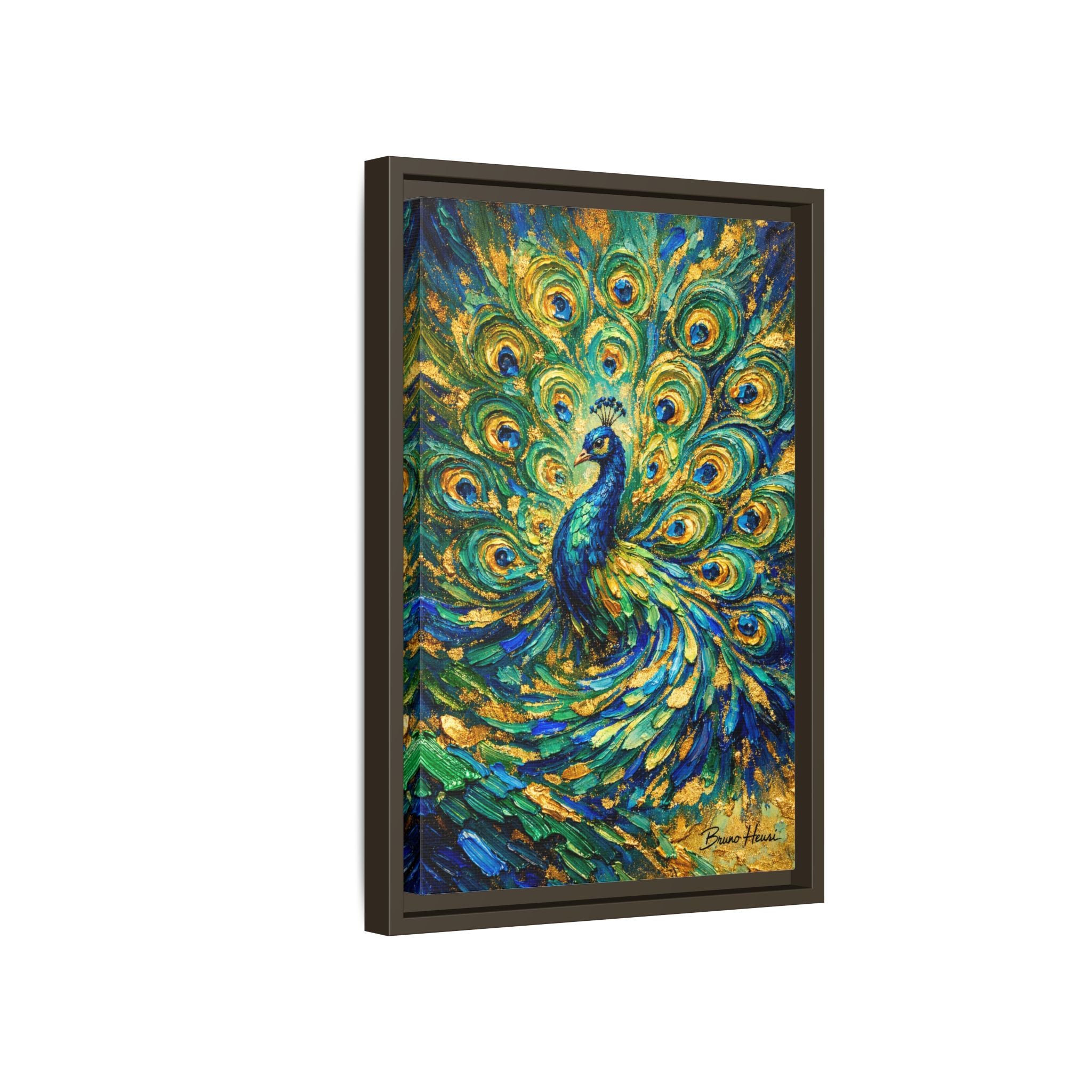 Peacock Oil-Style Framed Canvas Wall Art — Vibrant Blue & Gold Peacock Painting