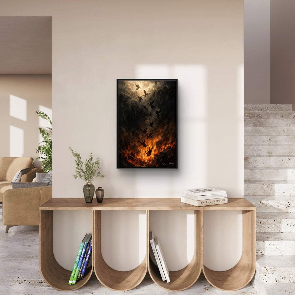 Falling Angels Matte Framed Canvas Print — Dark Fantasy Wall Art