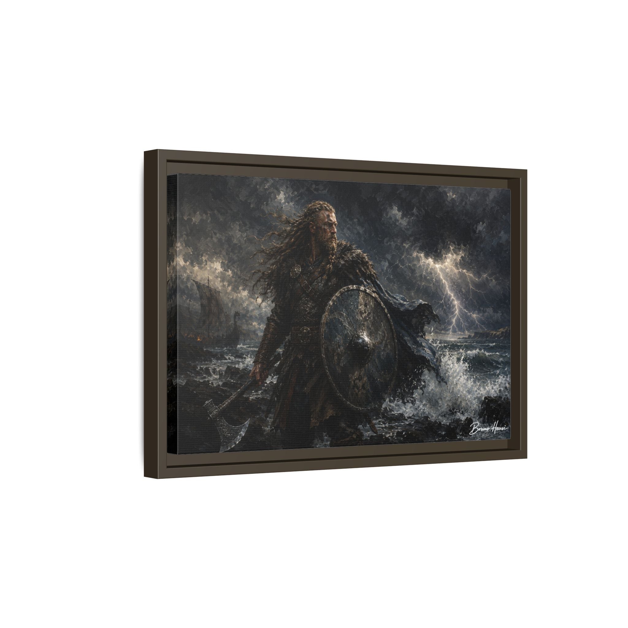 Viking Warrior Matte Framed Canvas Print — Stormy Norse Shield and Axe Wall Art