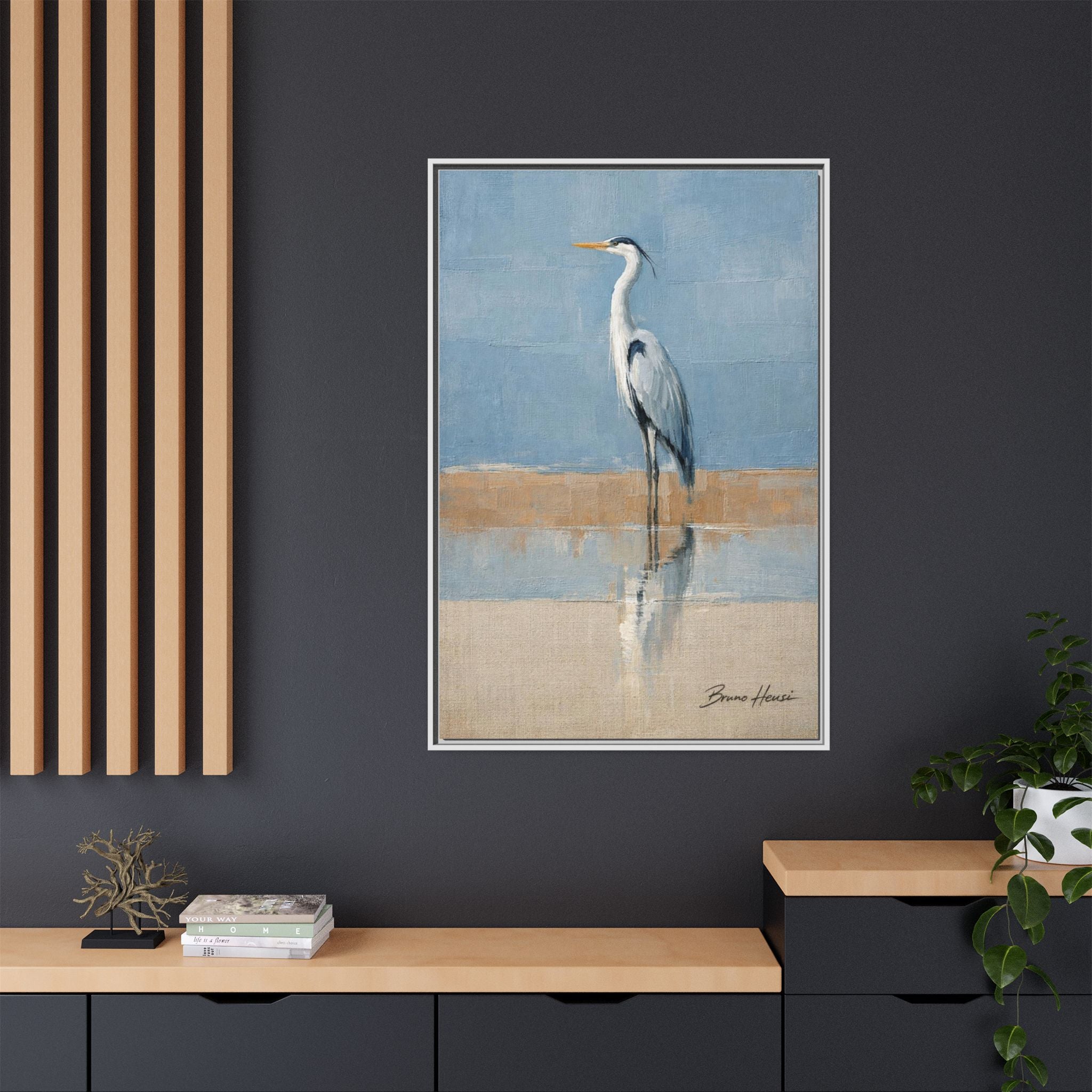 Framed Heron Canvas Art – Coastal Shorebird Wall Decor