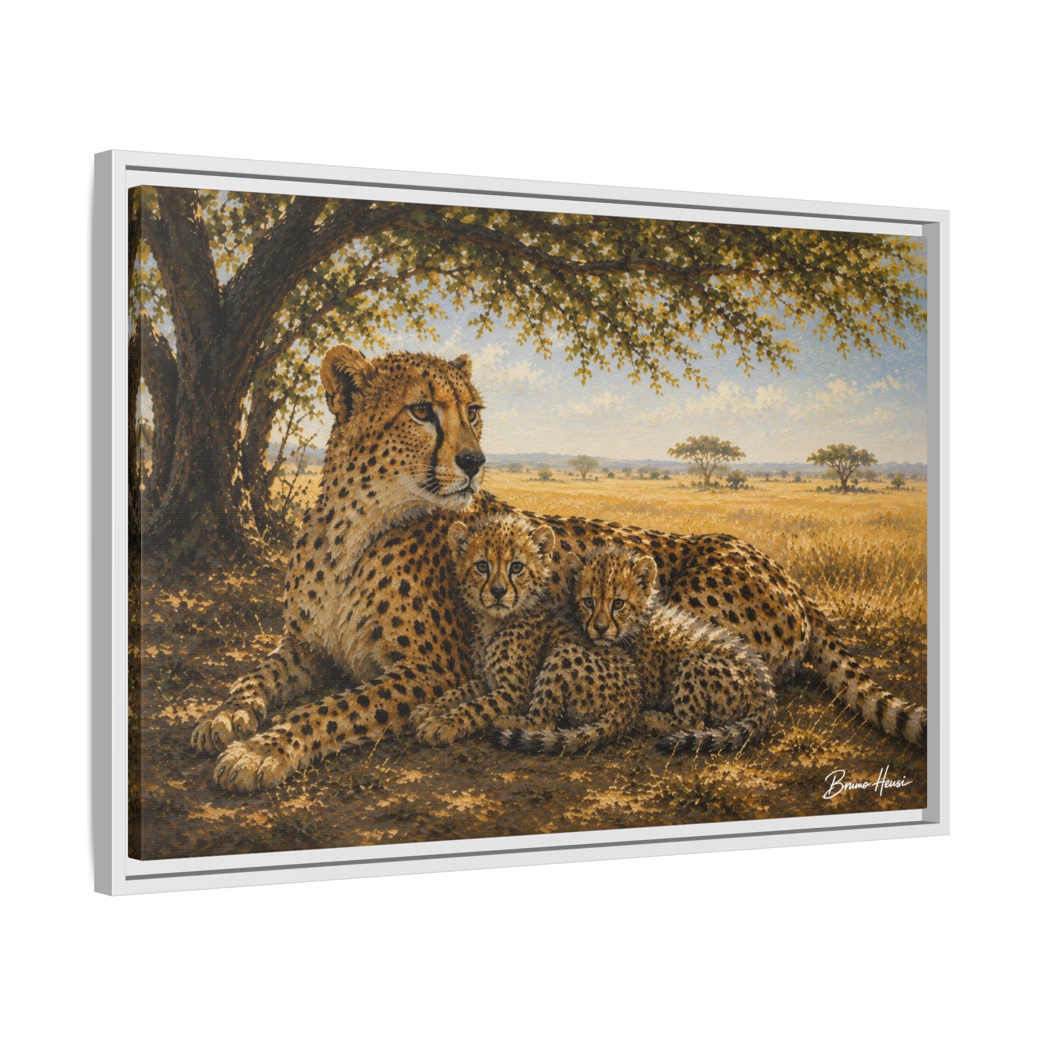 Cheetah Mother & Cubs Framed Canvas Wall Art – African Wildlife Safari Print