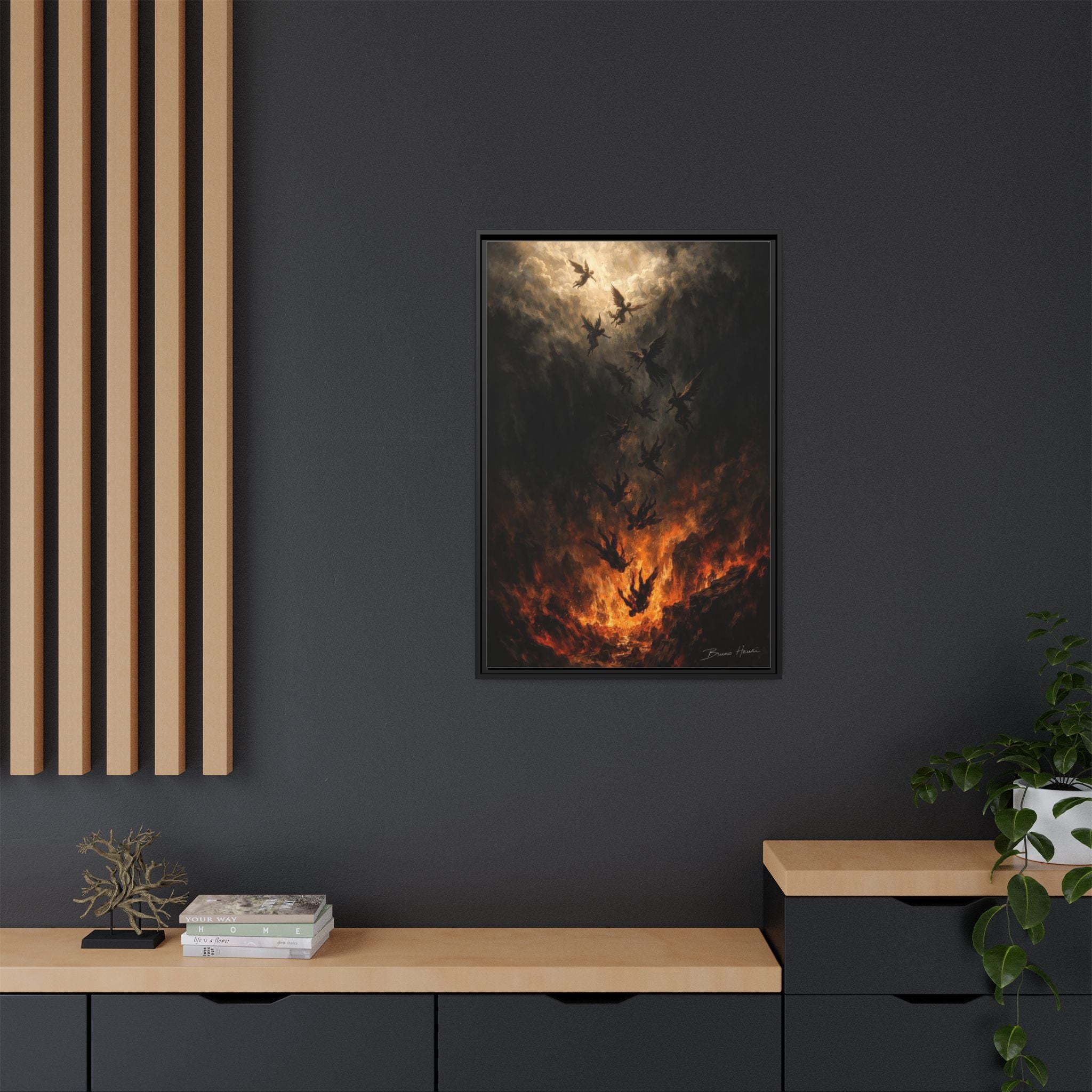 Falling Angels Matte Framed Canvas Print — Dark Fantasy Wall Art