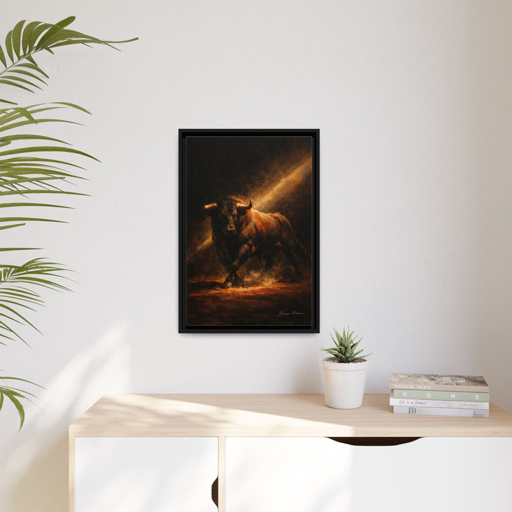 Framed Matte Canvas Art - Dramatic Charging Bull Painting
