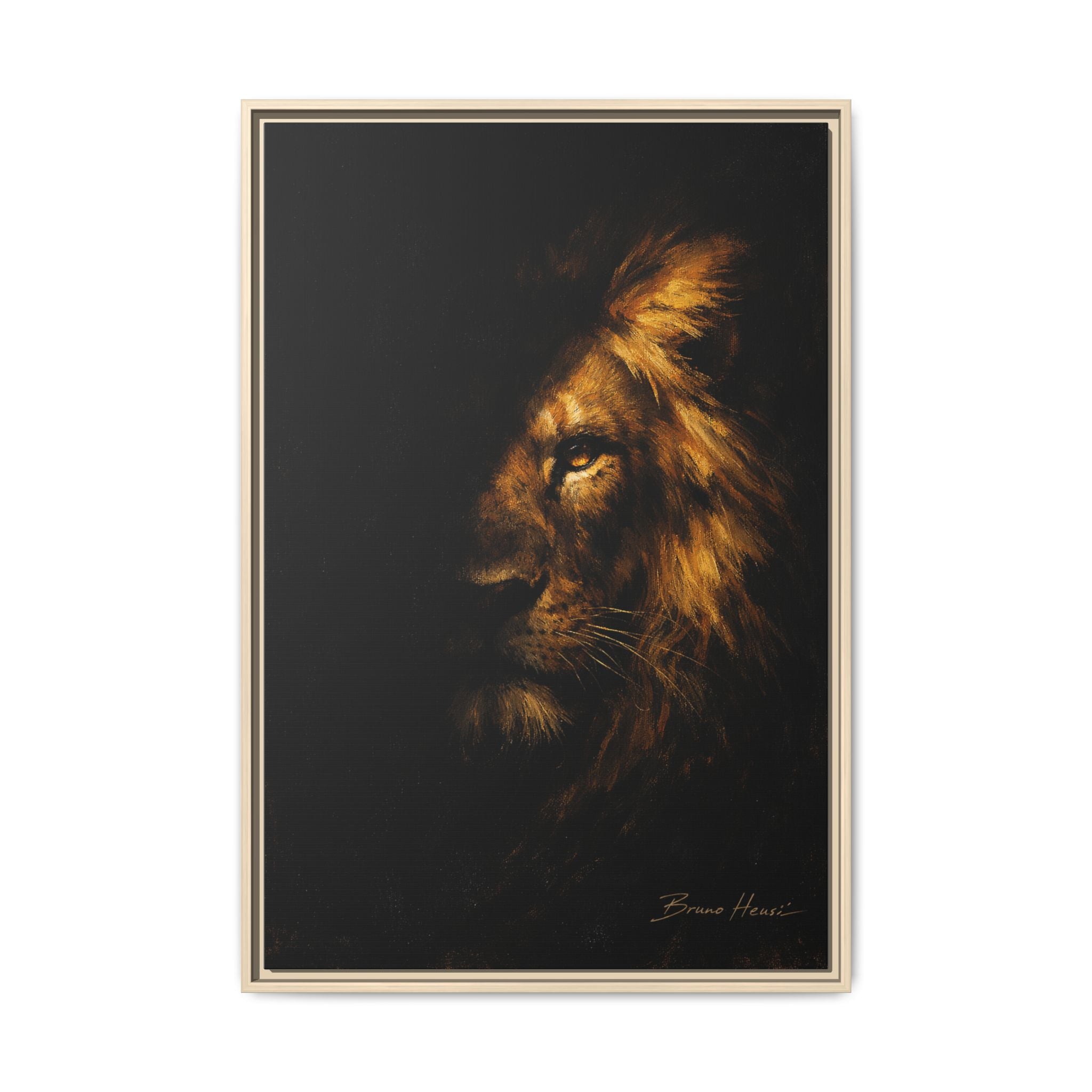 Majestic Lion Portrait Framed Canvas Wall Art — Golden Mane on Black Matte Print
