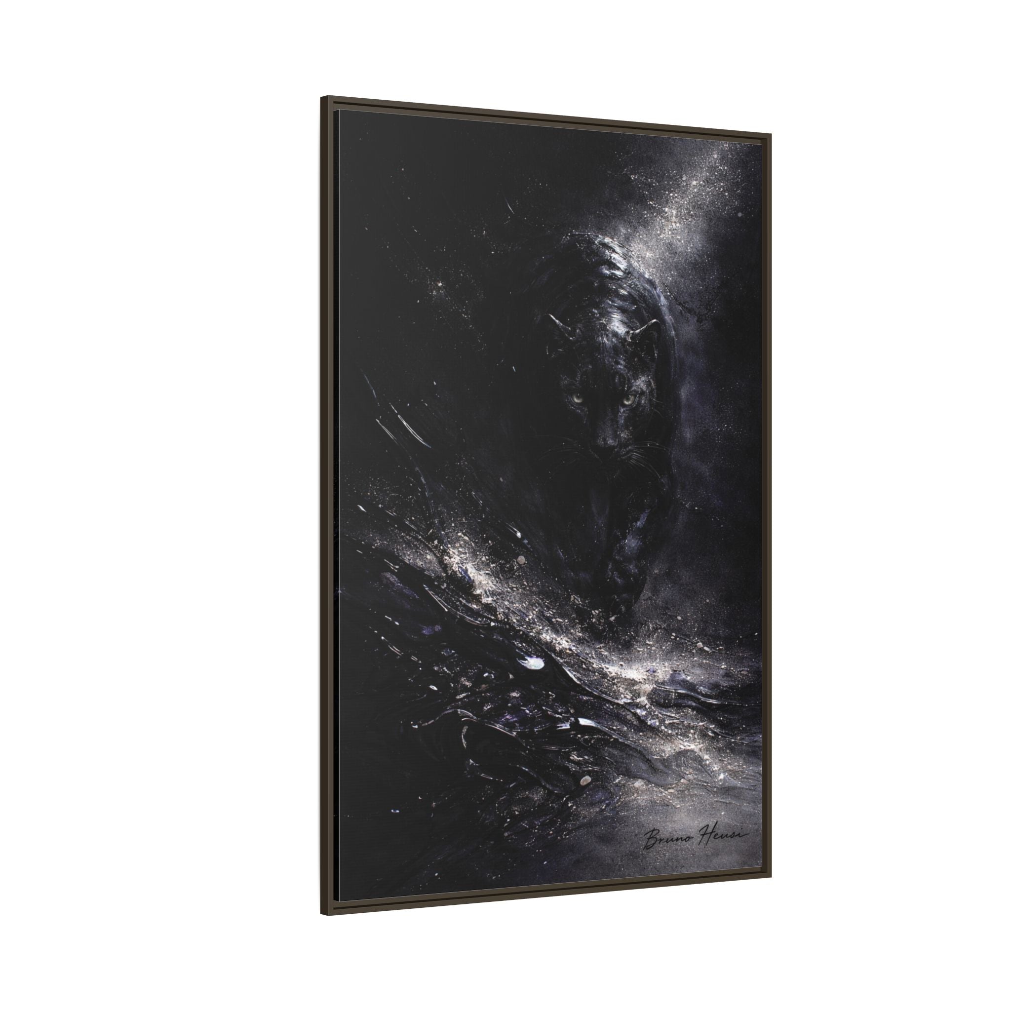 Cosmic Black Panther Matte Framed Canvas – Dark Abstract Wildlife Wall Art