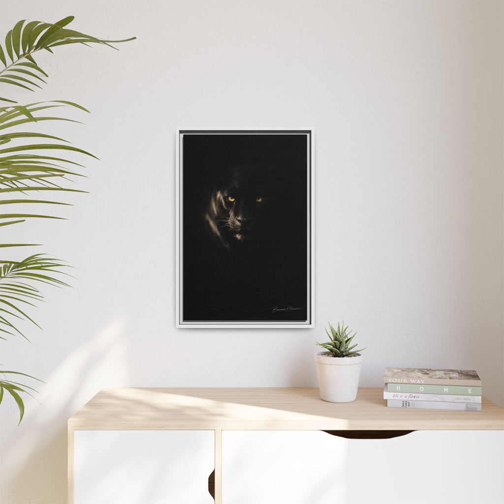Framed Matte Canvas - Black Panther Wall Art with Golden Eyes