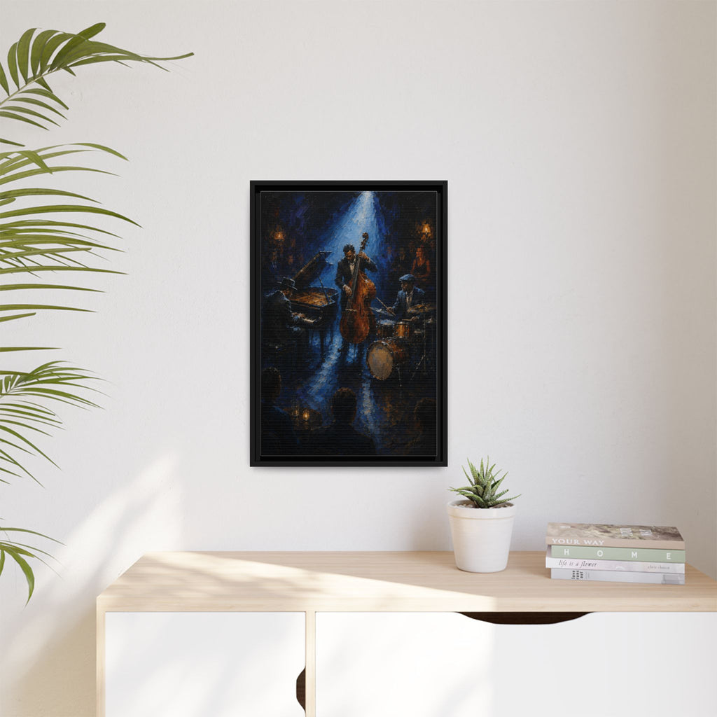 Framed Jazz Quartet Canvas Wall Art – Moody Blue Music Scene