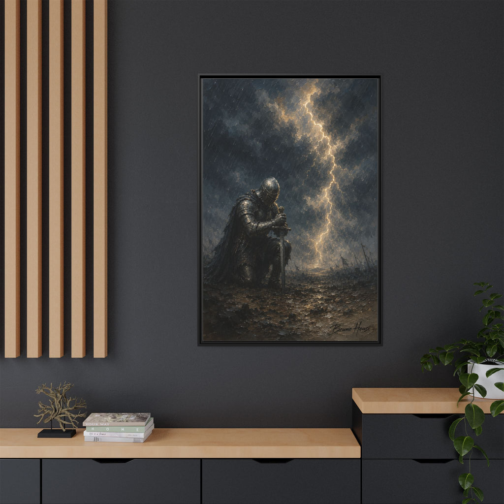 Knight in Thunderstorm Matte Framed Canvas — Dark Fantasy Wall Art