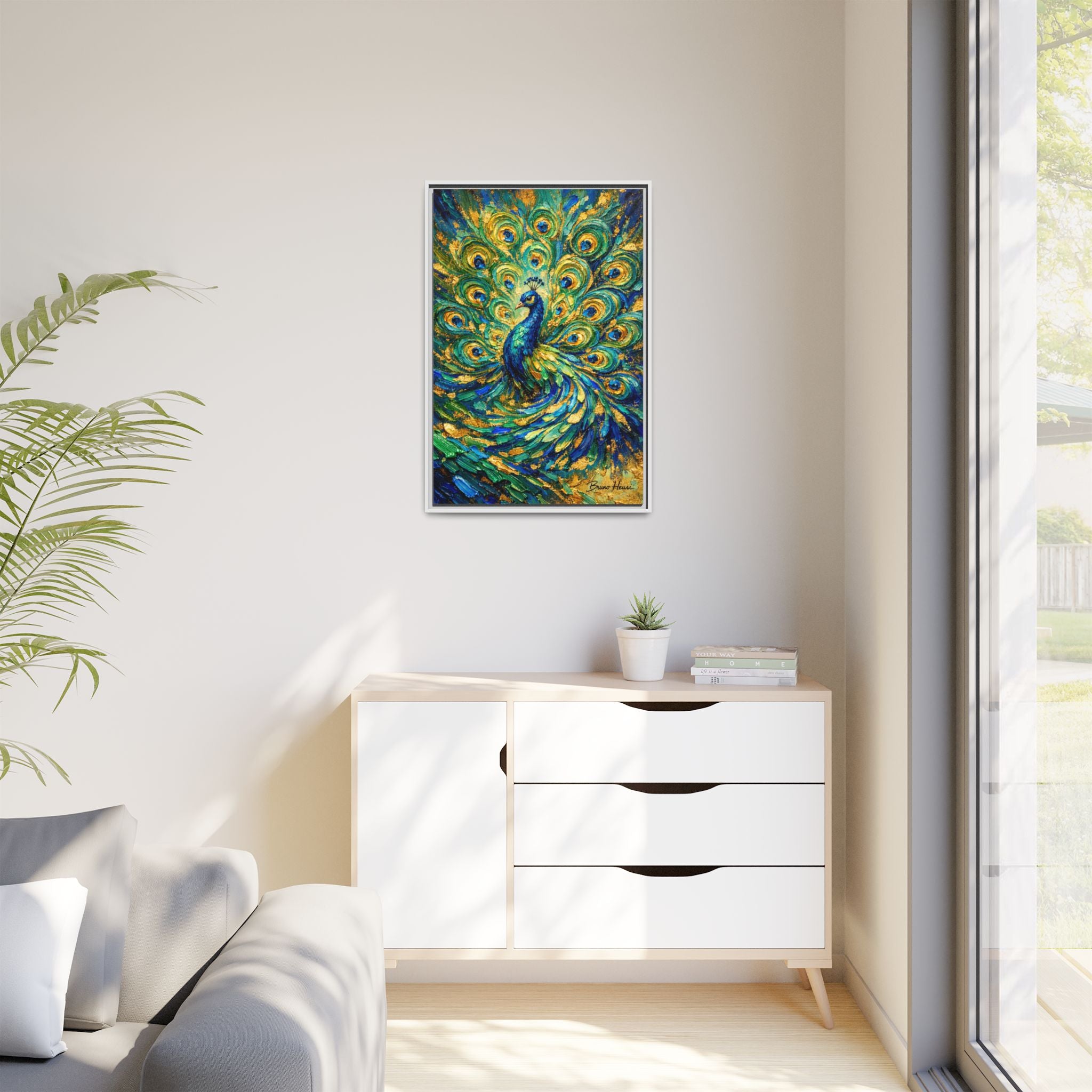 Peacock Oil-Style Framed Canvas Wall Art — Vibrant Blue & Gold Peacock Painting