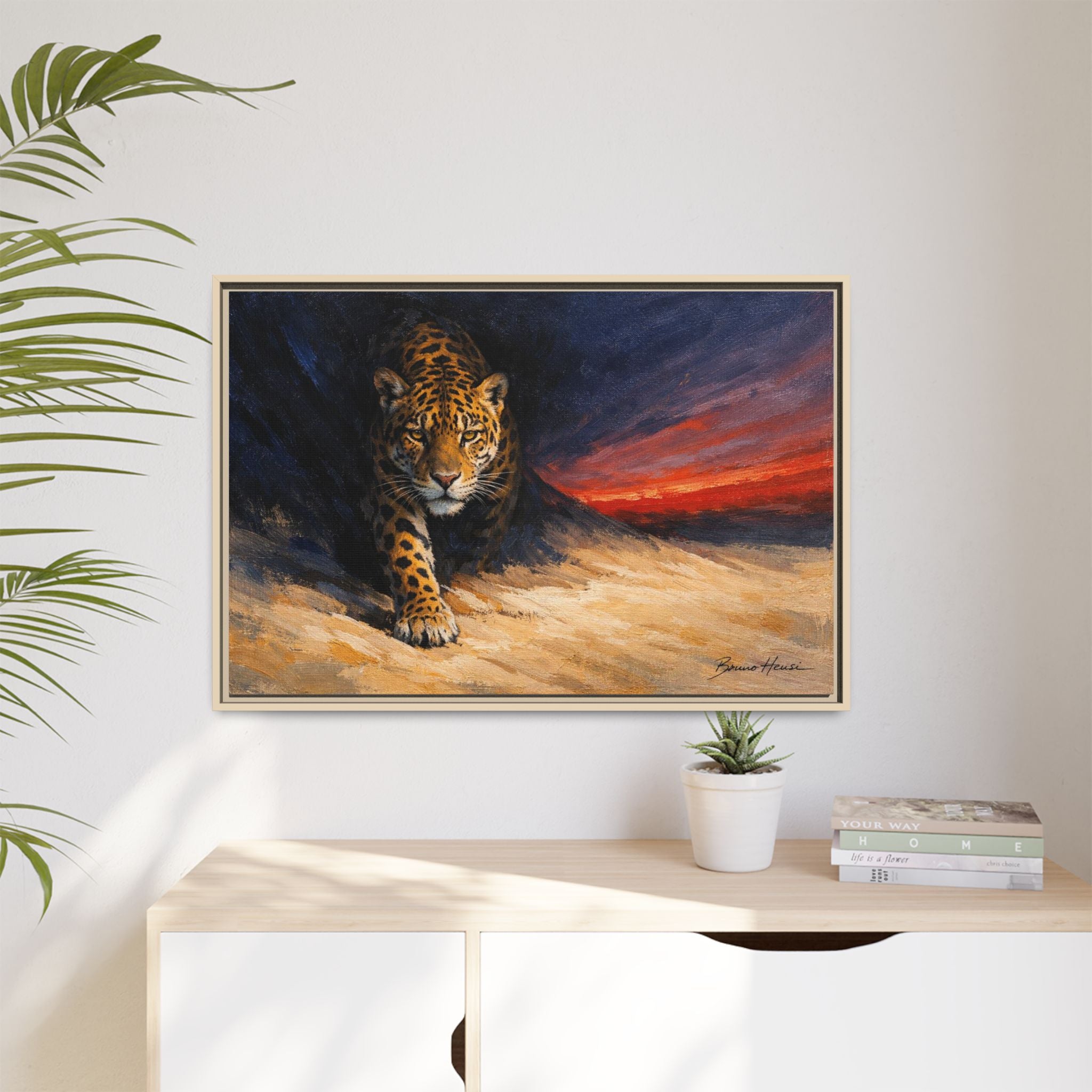 Framed Jaguar Canvas Art – Majestic Big Cat Painting with Sunset Sky