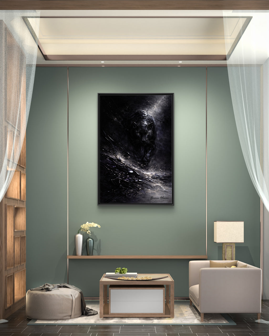 Cosmic Black Panther Matte Framed Canvas – Dark Abstract Wildlife Wall Art
