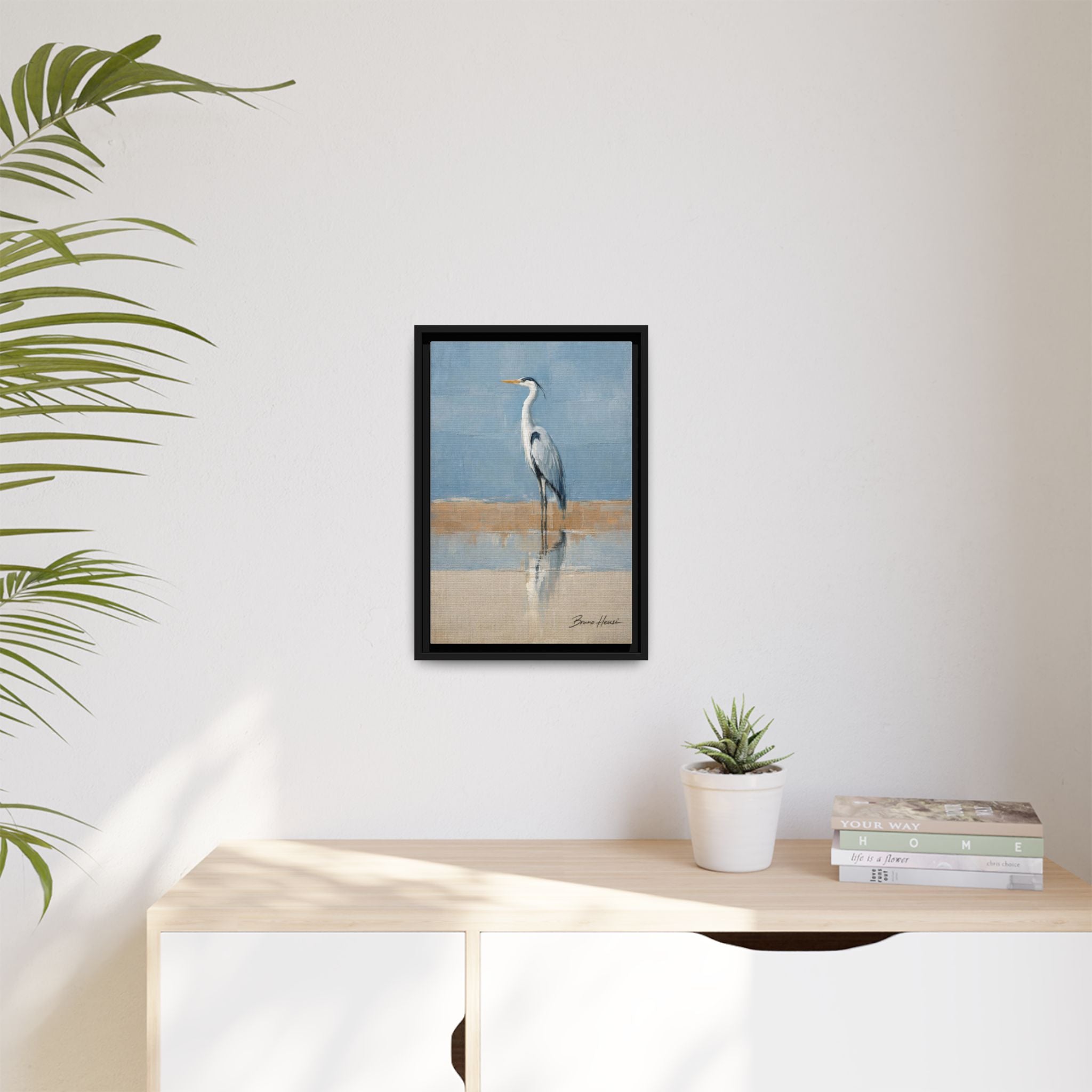 Framed Heron Canvas Art – Coastal Shorebird Wall Decor