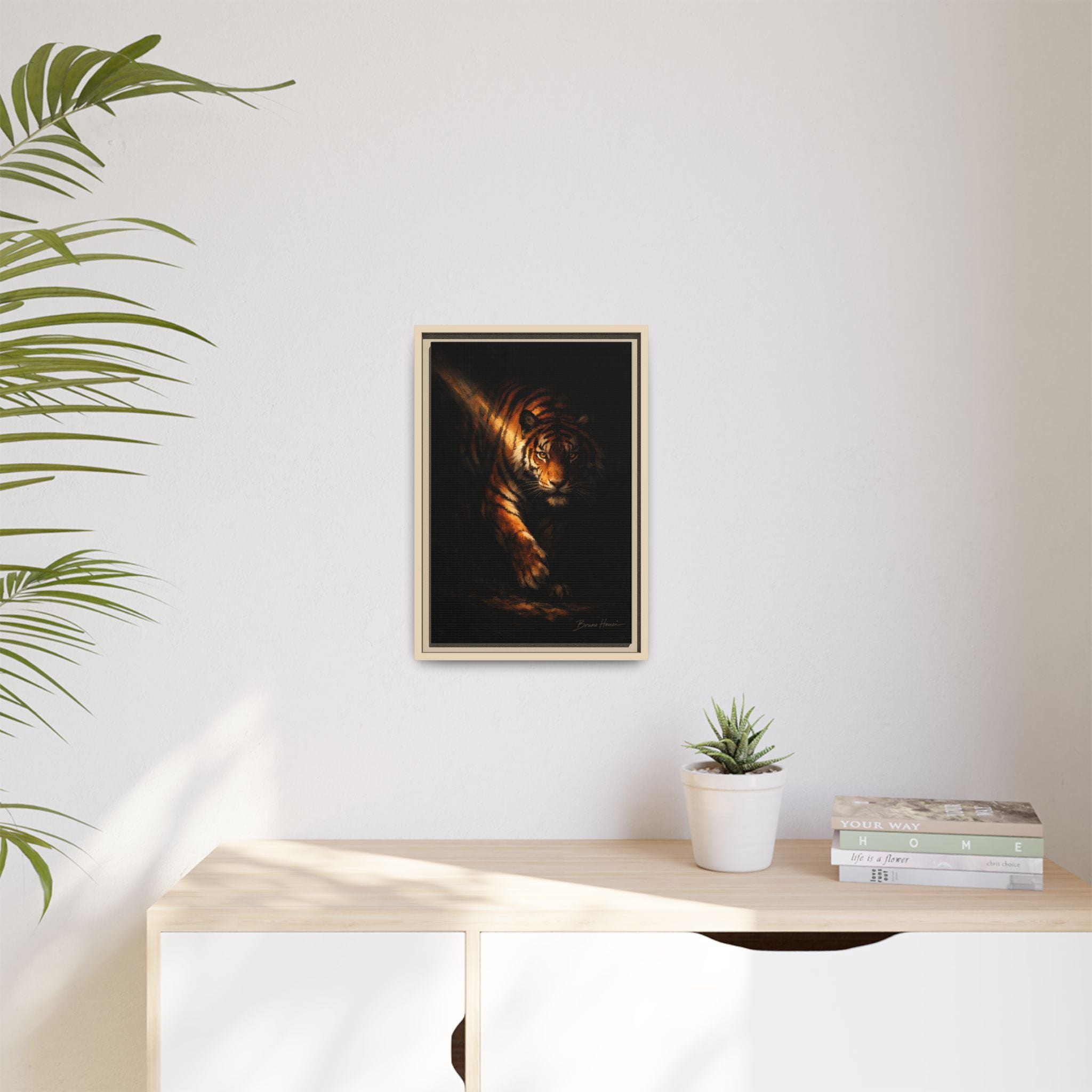 Tiger in the Shadows Matte Framed Canvas Print — Dramatic Wildlife Wall Art