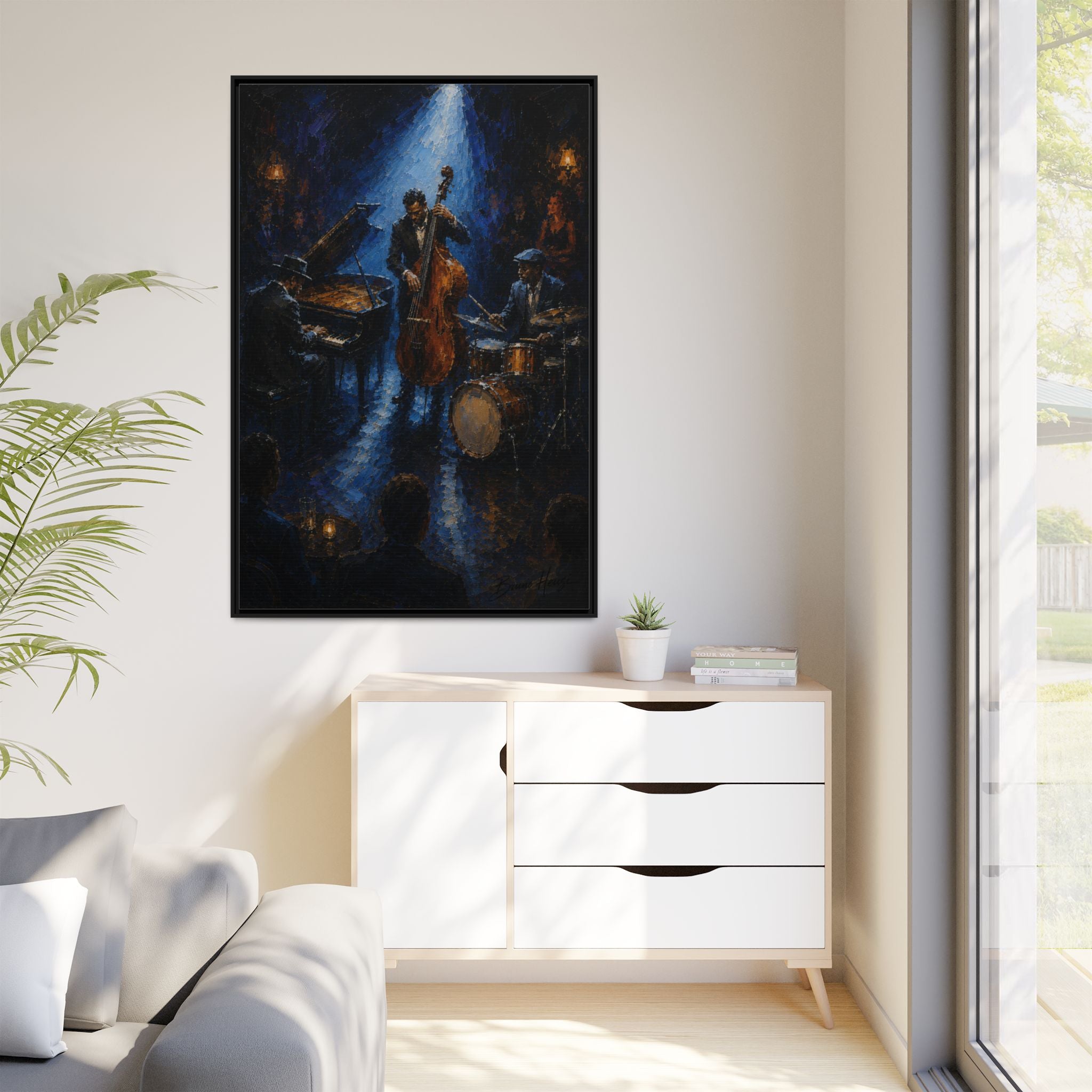 Framed Jazz Quartet Canvas Wall Art – Moody Blue Music Scene