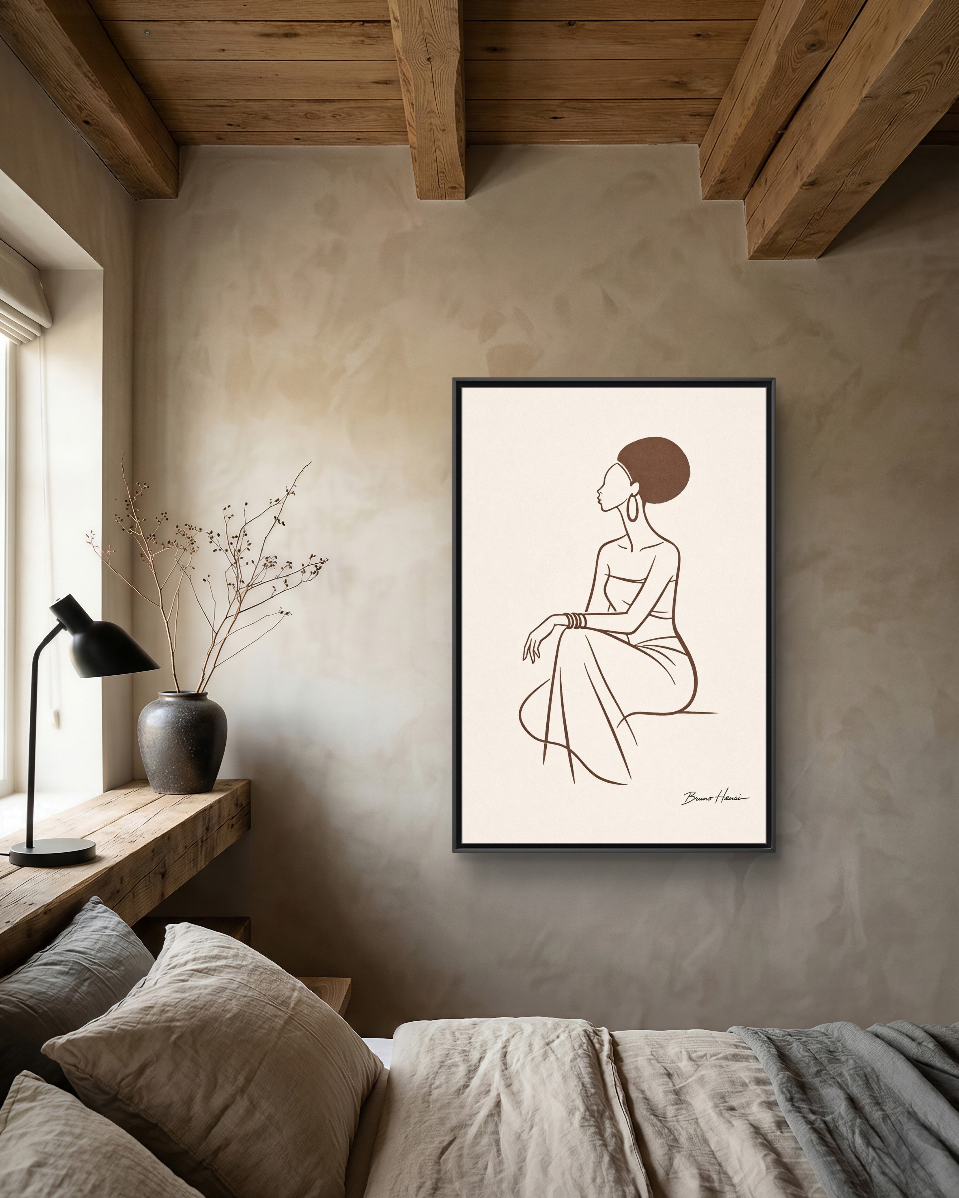 Elegant Minimalist Line Art Woman — Framed Matte Canvas Wall Art
