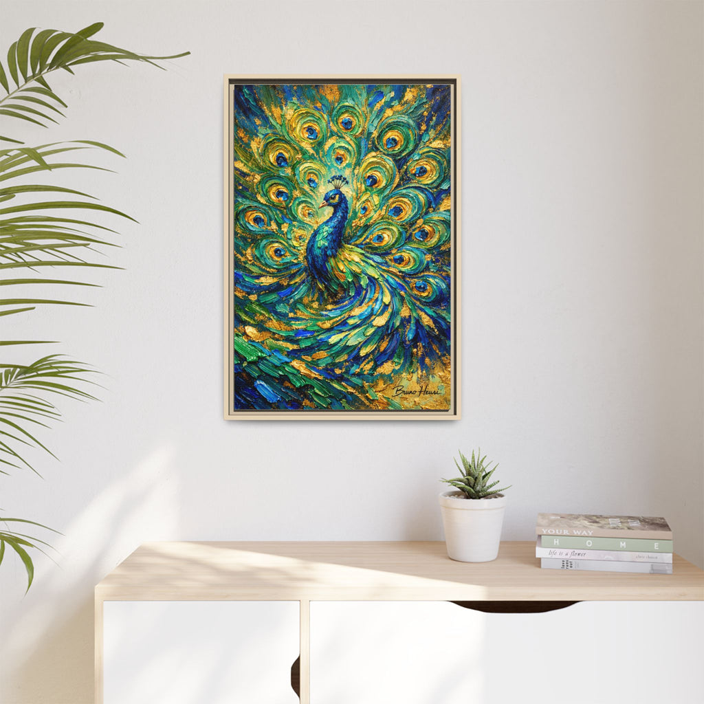 Peacock Oil-Style Framed Canvas Wall Art — Vibrant Blue & Gold Peacock Painting
