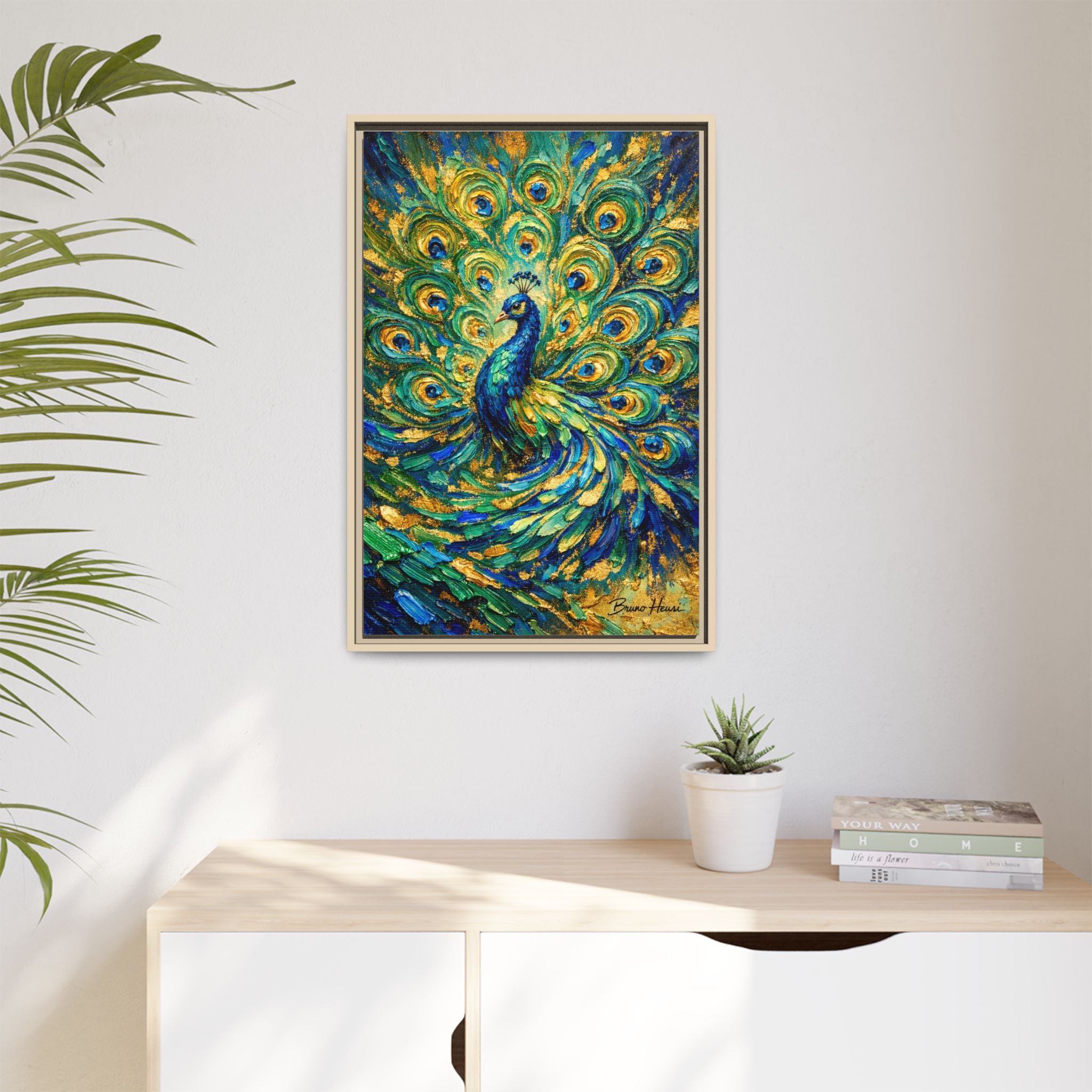 Peacock Oil-Style Framed Canvas Wall Art — Vibrant Blue & Gold Peacock Painting