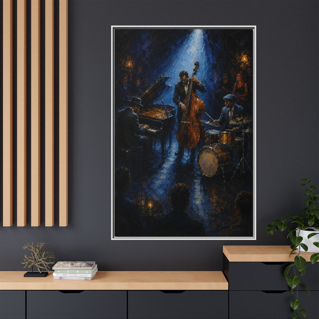 Framed Jazz Quartet Canvas Wall Art – Moody Blue Music Scene