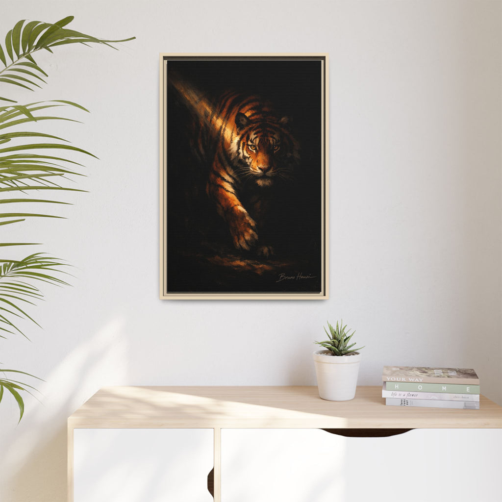 Tiger in the Shadows Matte Framed Canvas Print — Dramatic Wildlife Wall Art