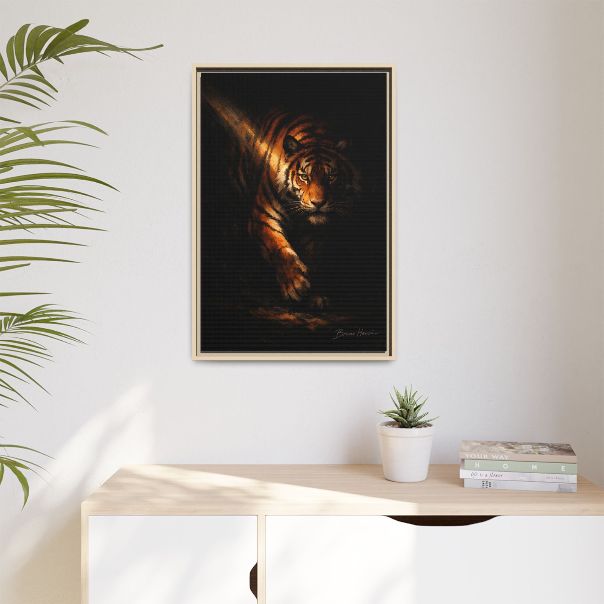 Tiger in the Shadows Matte Framed Canvas Print — Dramatic Wildlife Wall Art