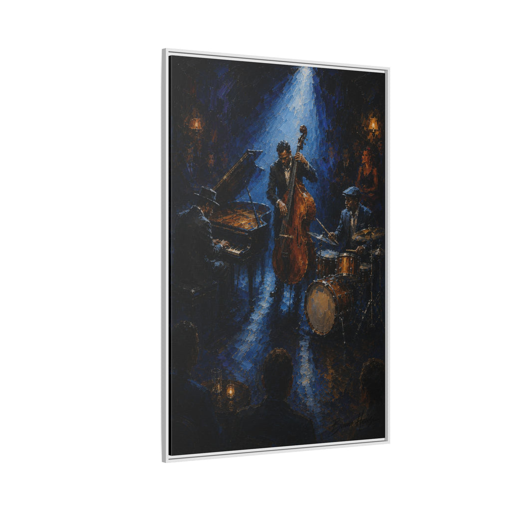 Framed Jazz Quartet Canvas Wall Art – Moody Blue Music Scene