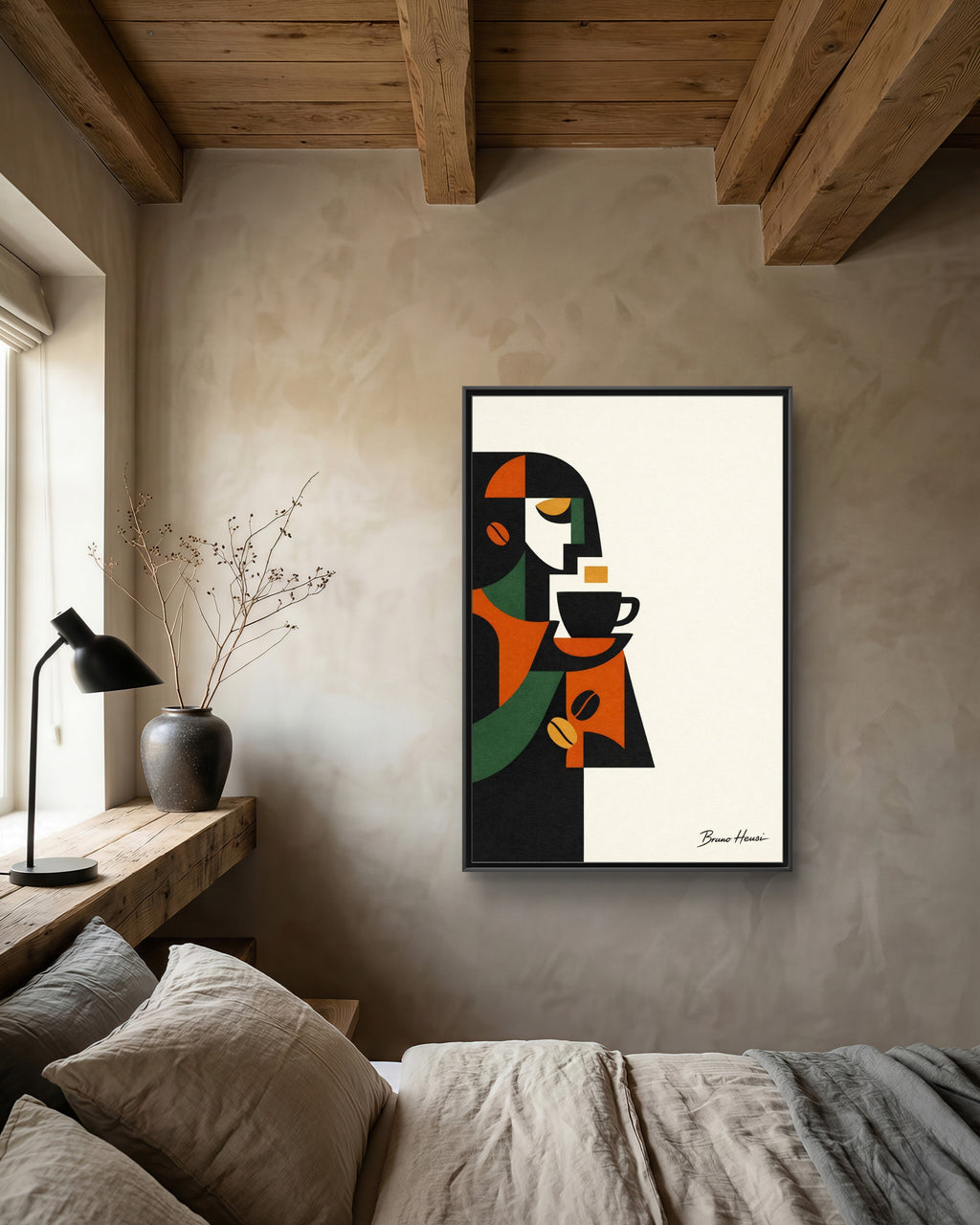 Abstract Coffee Drinker Framed Canvas Print — Modern Café Wall Art