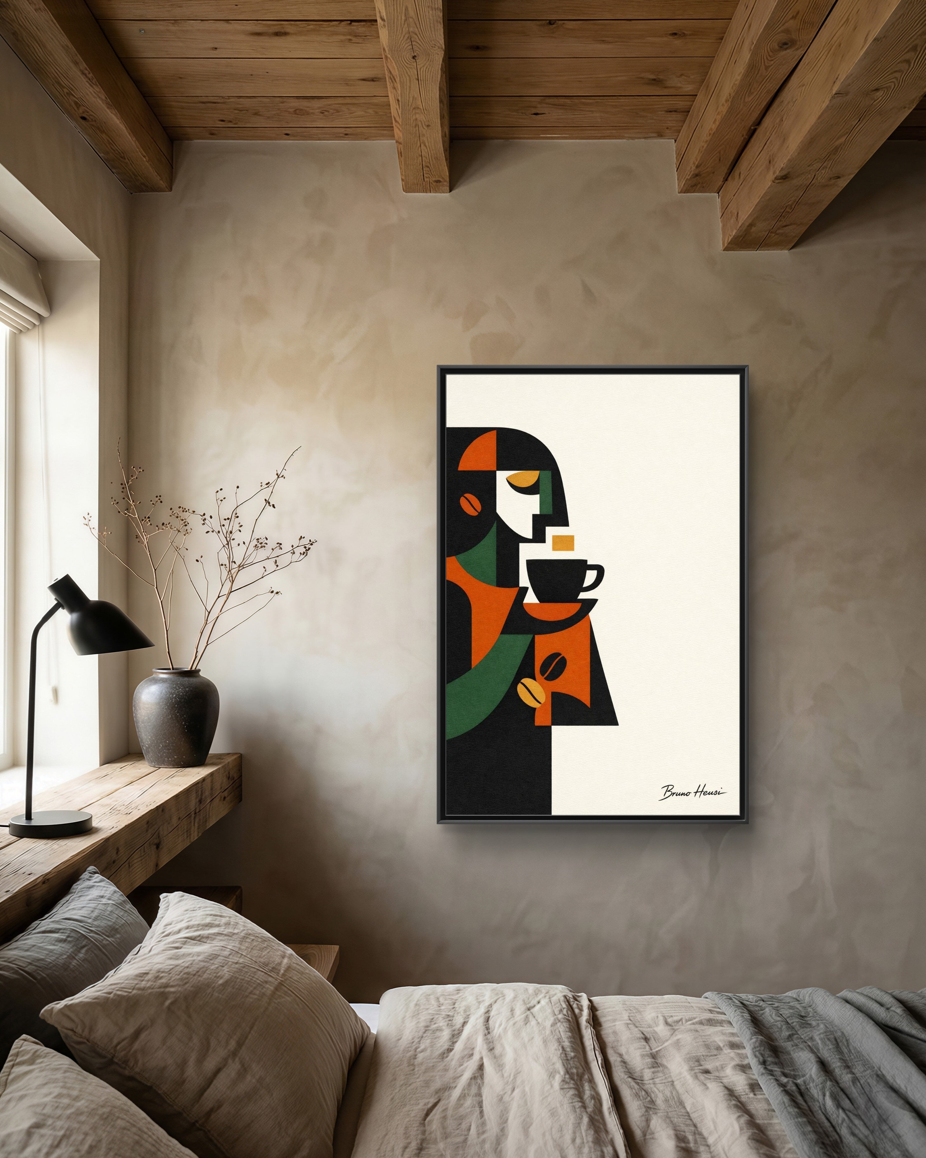 Abstract Coffee Drinker Framed Canvas Print — Modern Café Wall Art