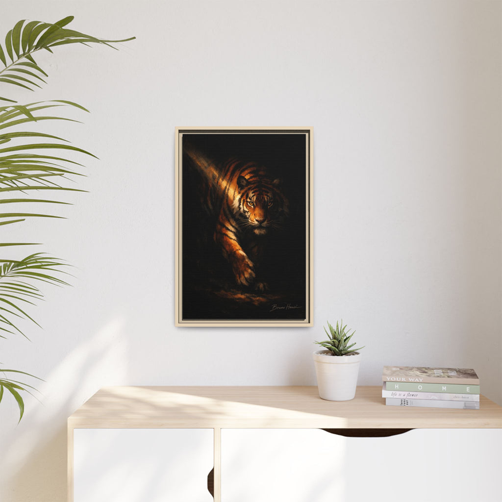 Tiger in the Shadows Matte Framed Canvas Print — Dramatic Wildlife Wall Art