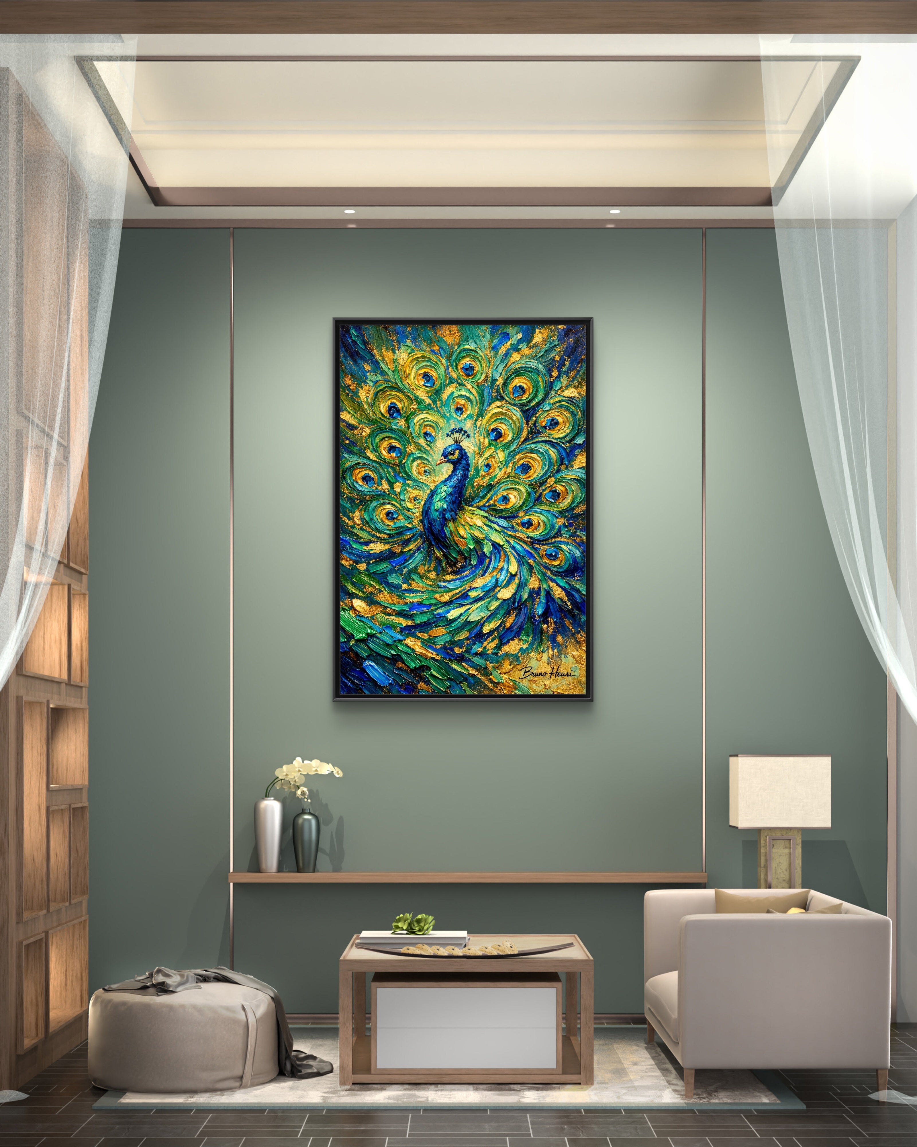 Peacock Oil-Style Framed Canvas Wall Art — Vibrant Blue & Gold Peacock Painting