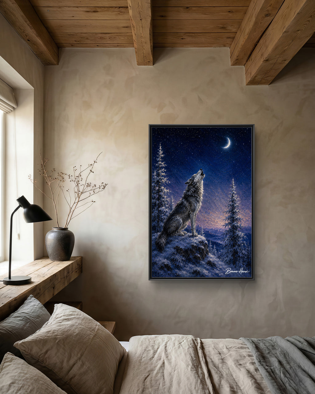 Howling Wolf Moon Framed Canvas Art - Matte Multi-Color Wilderness Print
