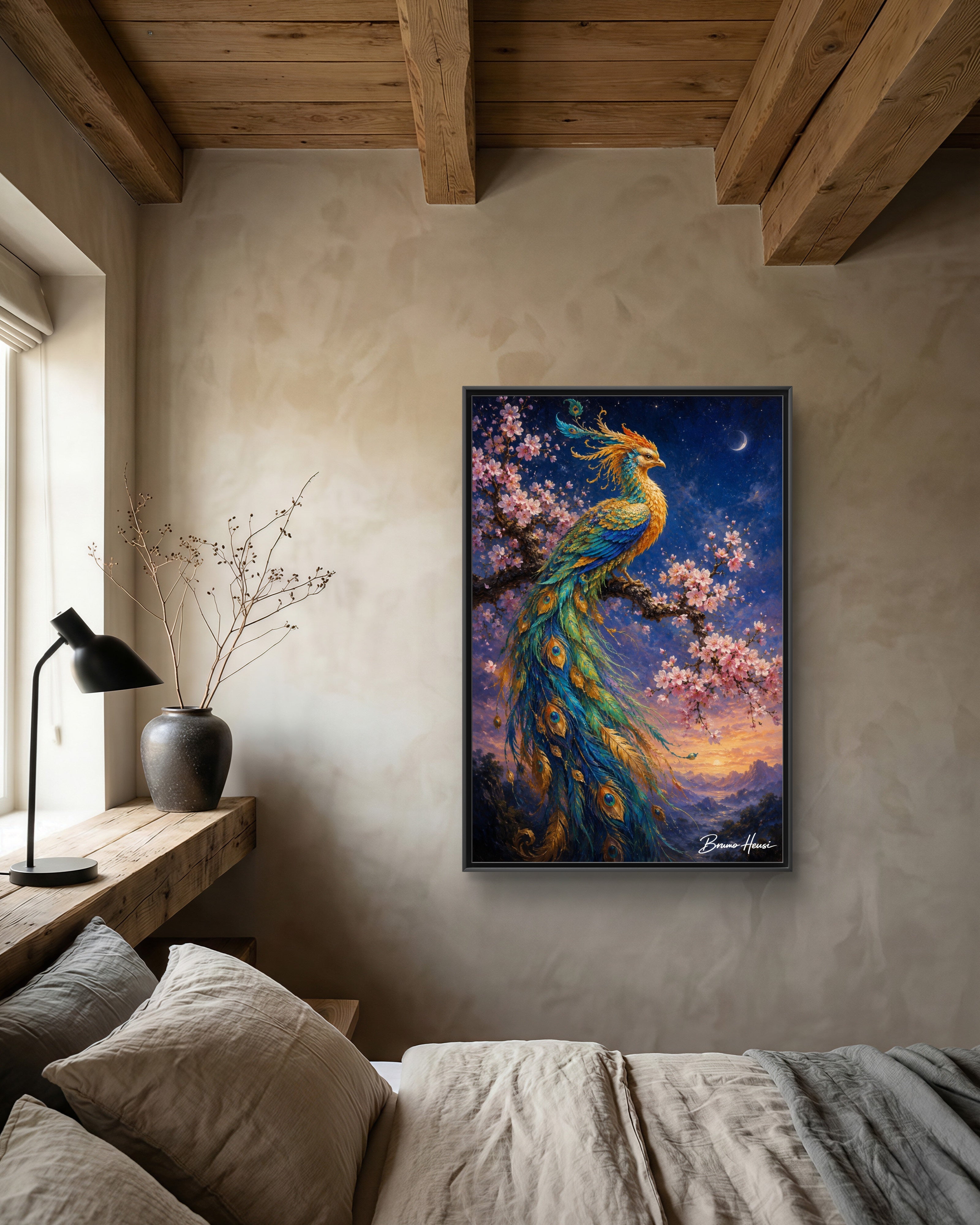 Framed Peacock Canvas Wall Art — Vibrant Fantasy Bird Print