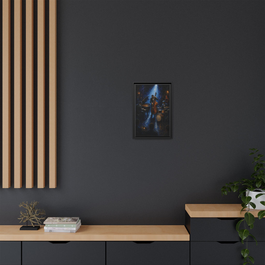 Framed Jazz Quartet Canvas Wall Art – Moody Blue Music Scene