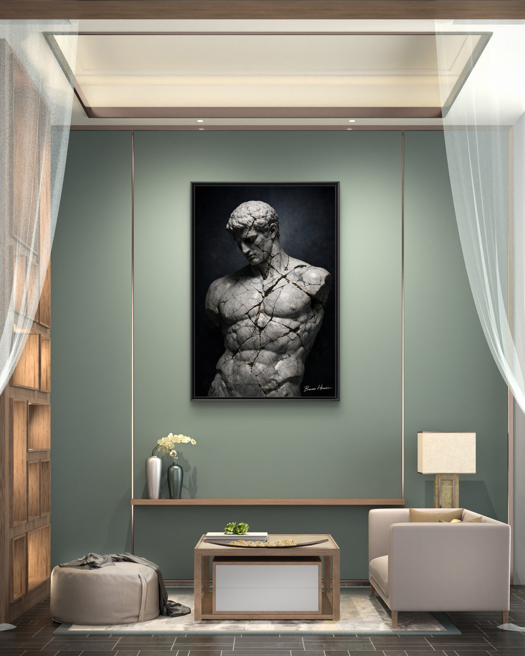 Cracked Marble Bust Framed Canvas Wall Art — Classical Sculpture Print
