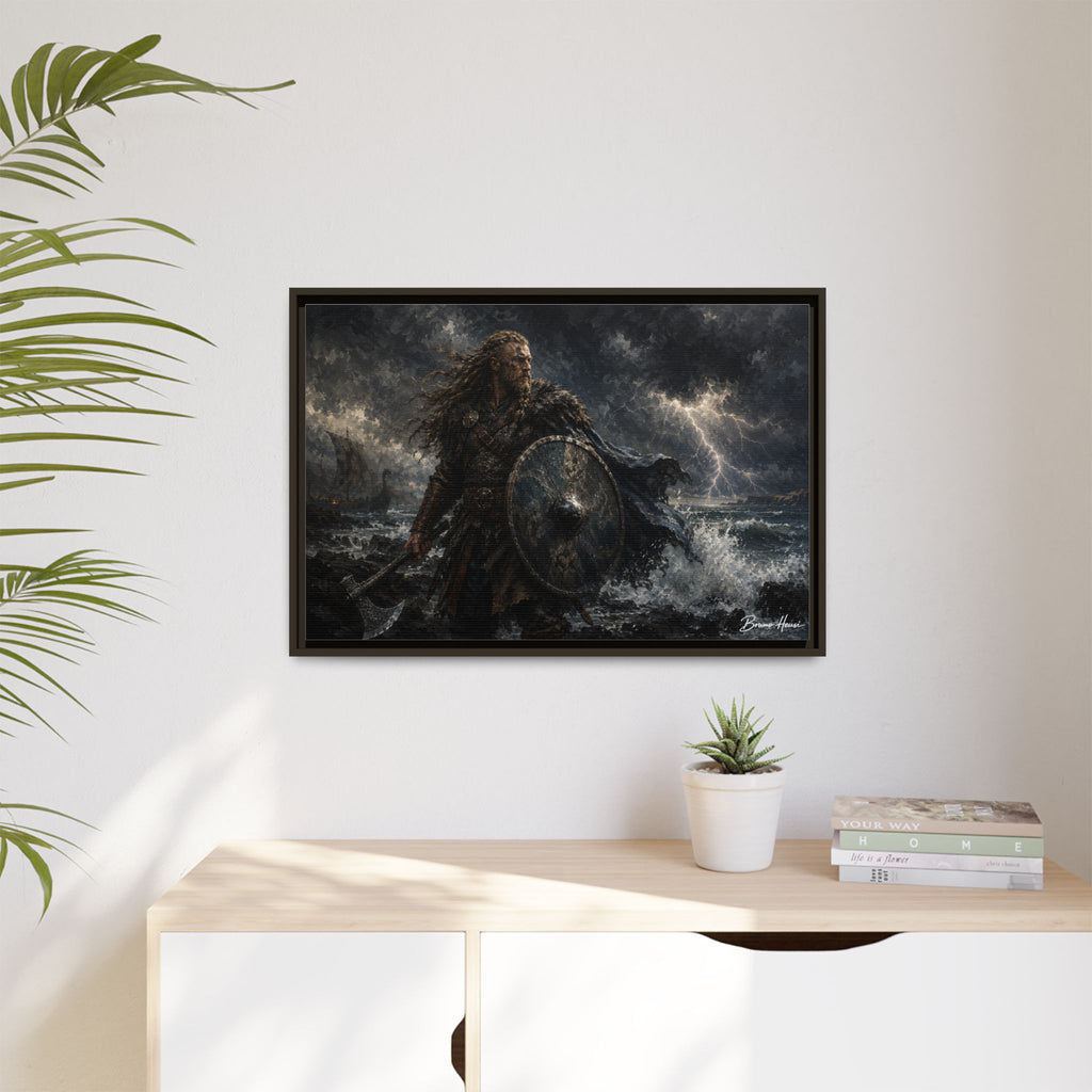 Viking Warrior Matte Framed Canvas Print — Stormy Norse Shield and Axe Wall Art