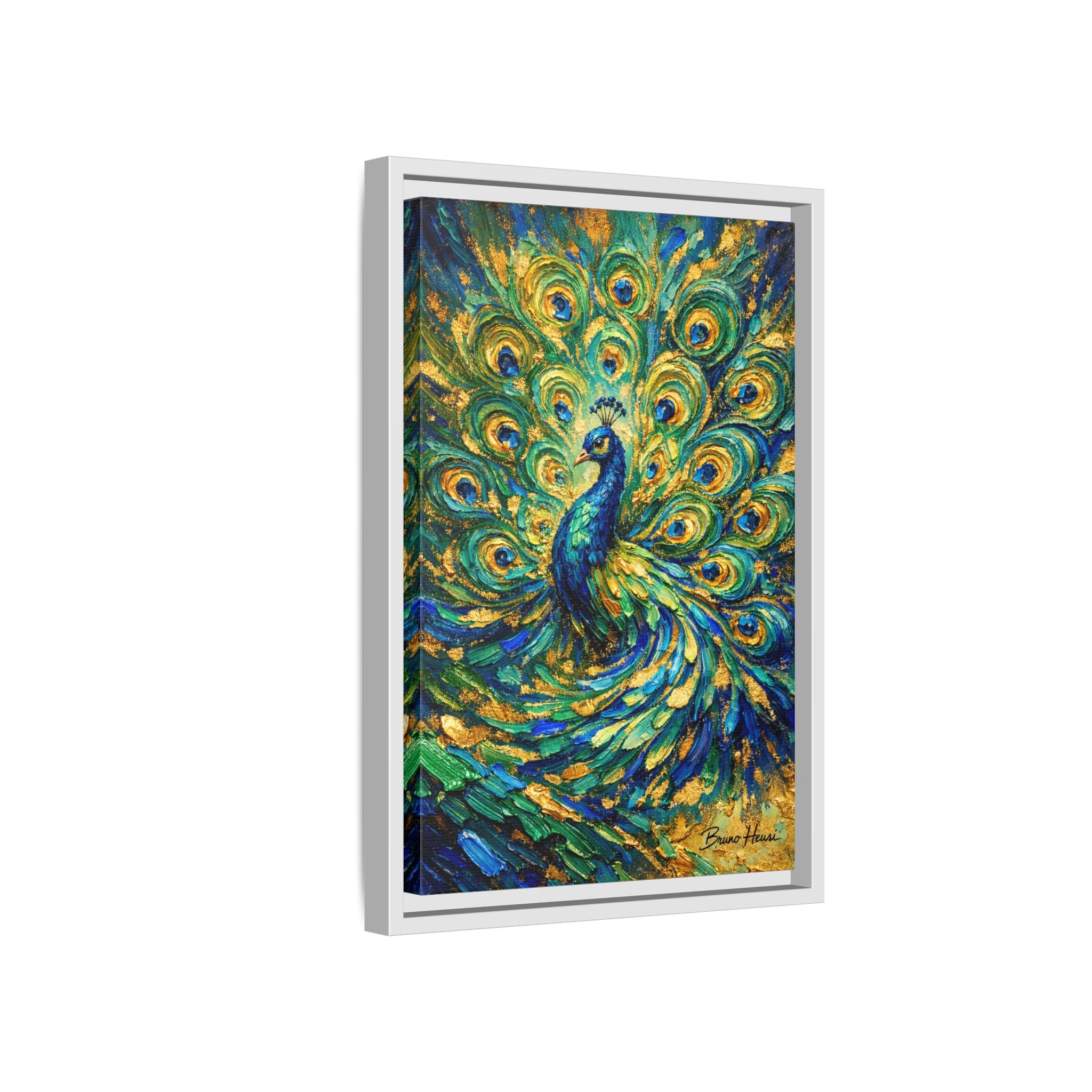 Peacock Oil-Style Framed Canvas Wall Art — Vibrant Blue & Gold Peacock Painting