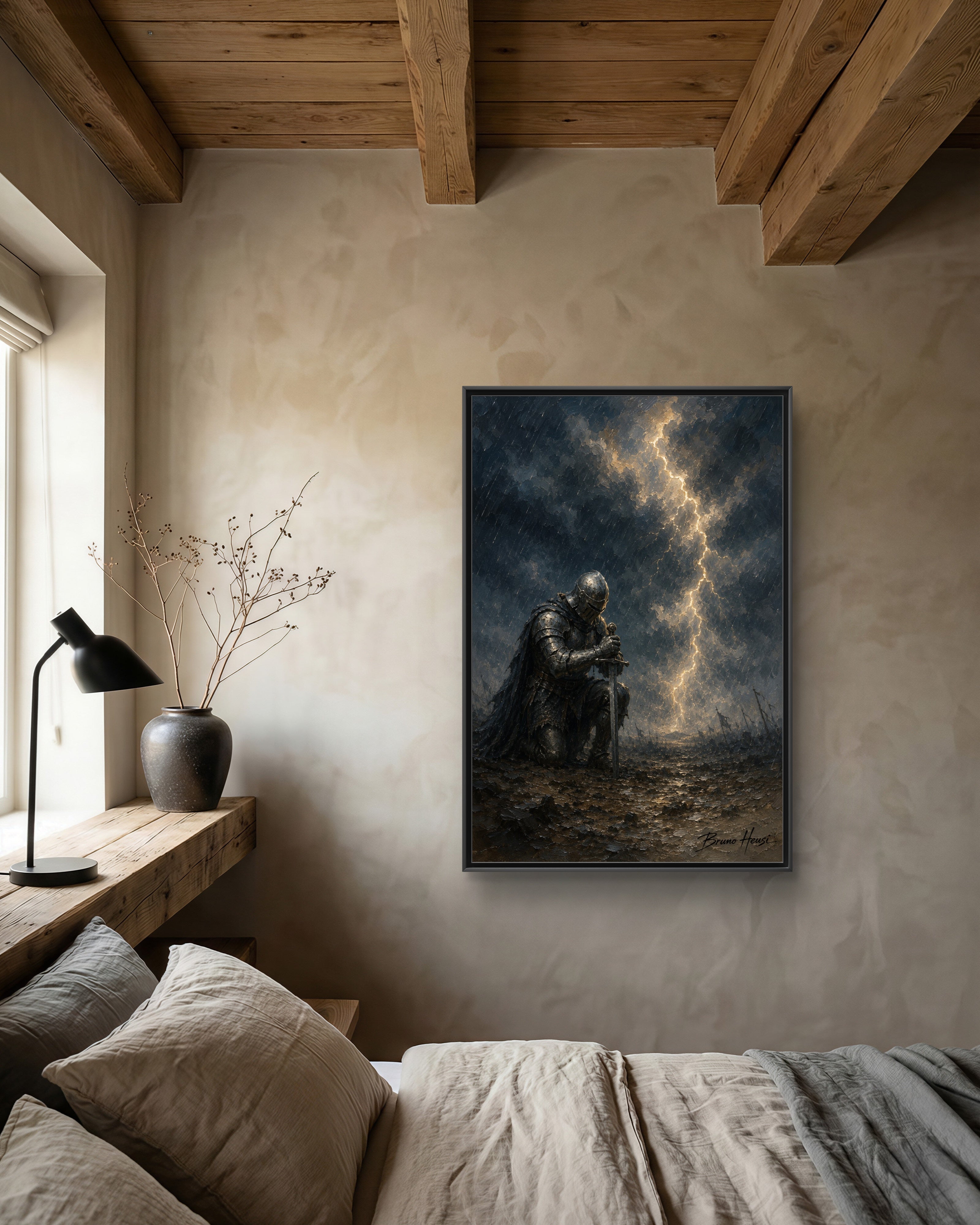 Knight in Thunderstorm Matte Framed Canvas — Dark Fantasy Wall Art
