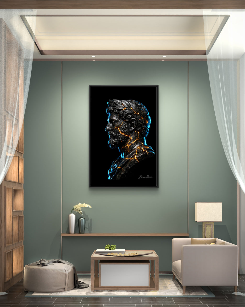 Roman Emperor Neon Bust Framed Canvas Wall Art — Modern Sculpture Print