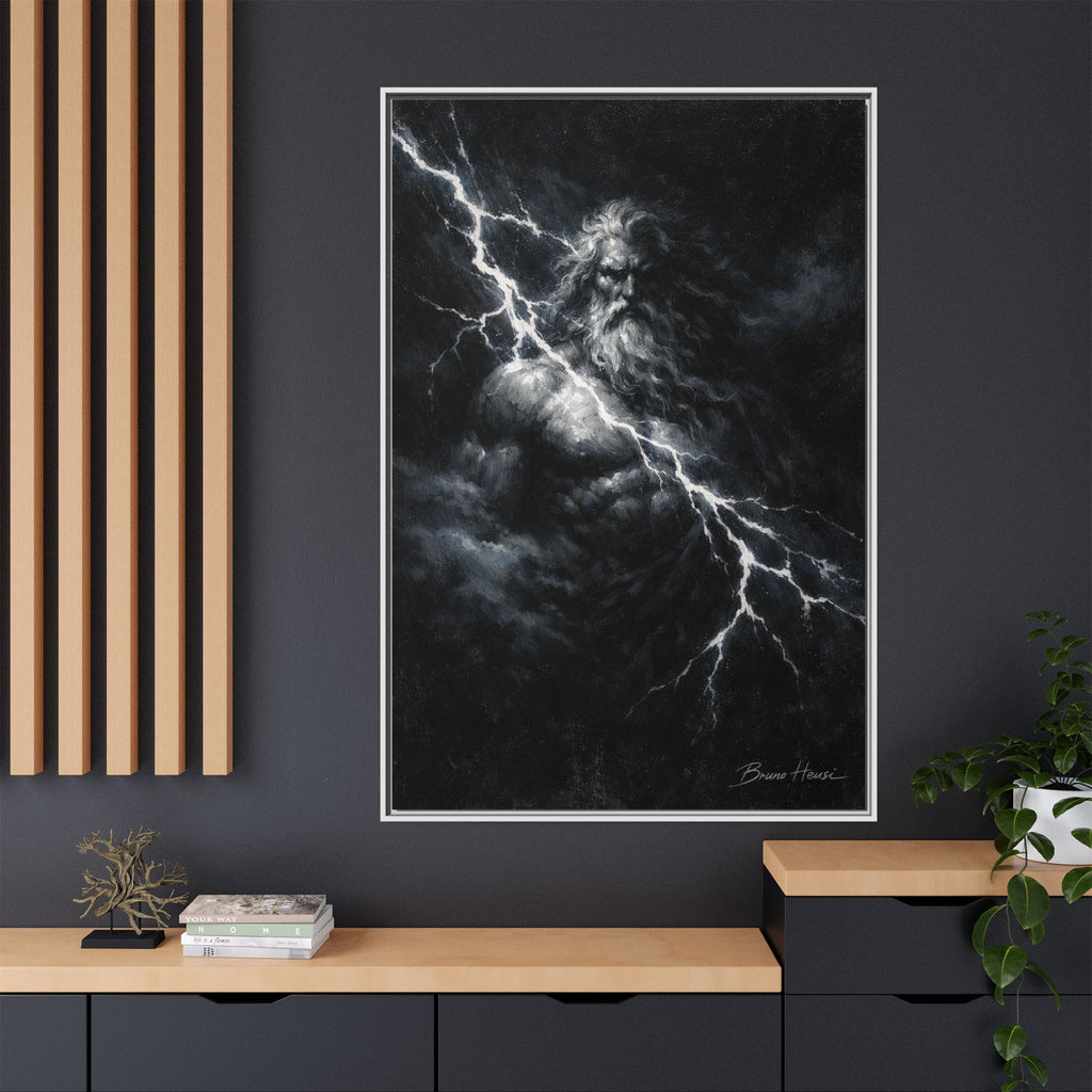 Zeus Lightning God Framed Canvas Wall Art — Stormy Mythology Print