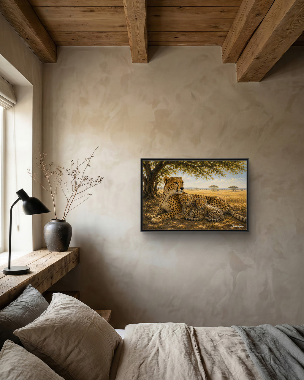 Cheetah Mother & Cubs Framed Canvas Wall Art – African Wildlife Safari Print